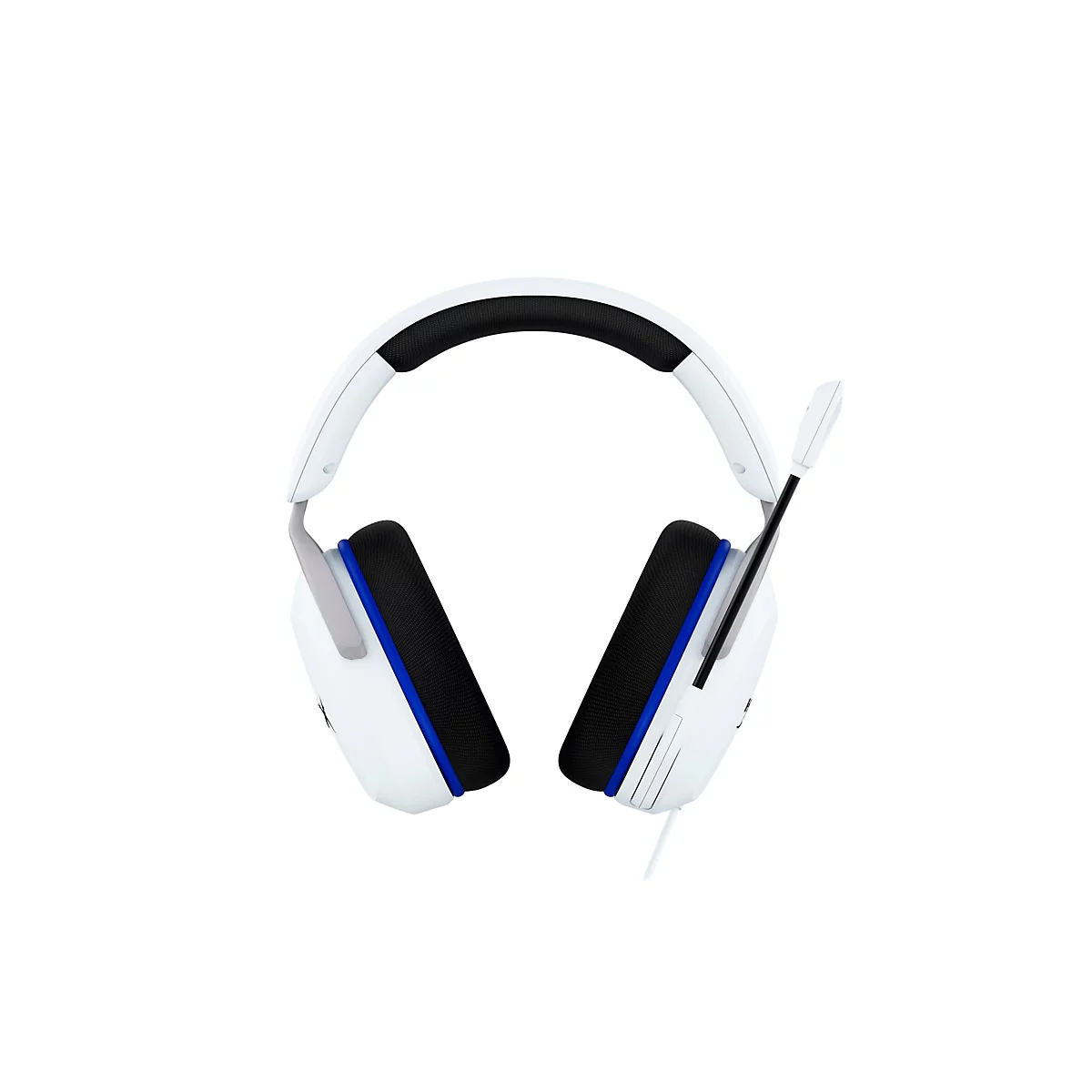 Casque de jeu blanc avec des accents bleus, un bandeau noir et un microphone, sur un fond blanc.