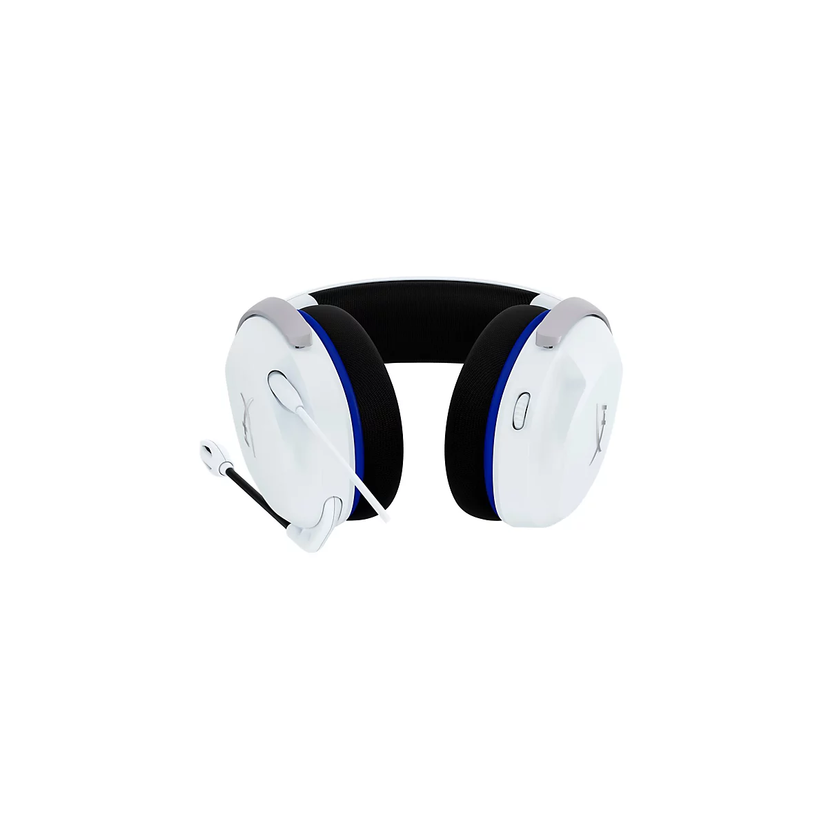 Casque de jeu blanc avec accent bleu, microphone et logo, sur fond blanc.