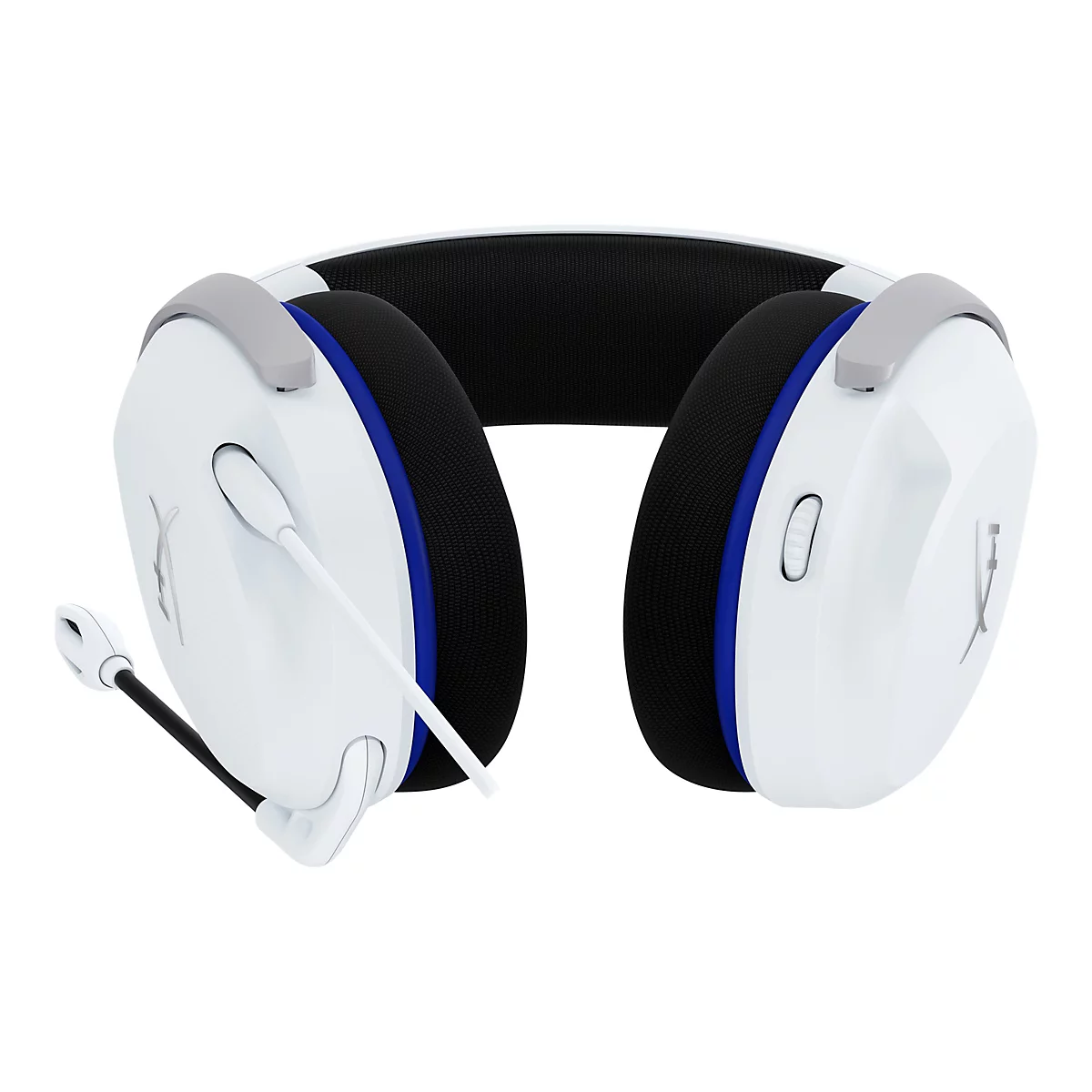 Casque de jeu blanc avec accent bleu, microphone et accents gris argenté. Il y a un logo argenté sur l'écouteur.