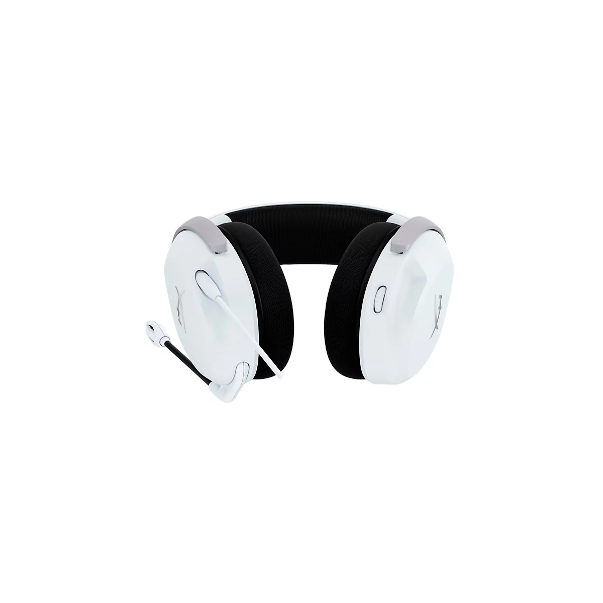 Casque blanc avec microphone sur fond blanc.