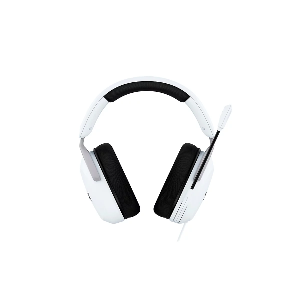 Casque de jeu blanc avec bandeau et coussinets d'oreille noirs, bras de microphone, sur fond blanc.