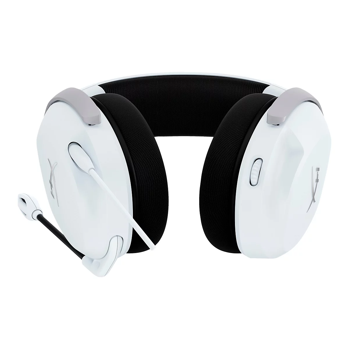 Casque de jeu blanc avec écouteur noir et microphone.