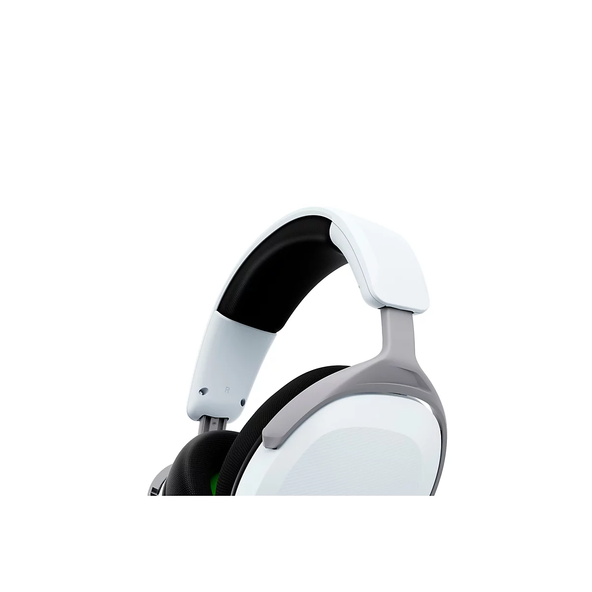 Gros plan d'un casque de jeu blanc avec des accents gris. L'arceau est rembourré de matière noire.