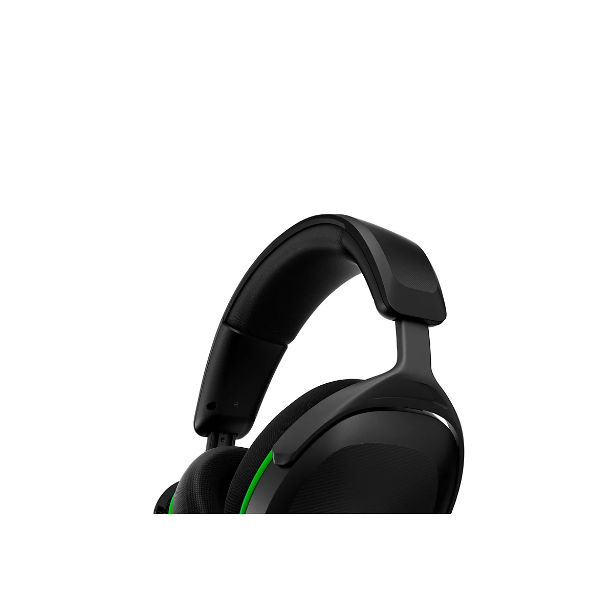 Casque noir, plan rapproché, accent vert, fond blanc.