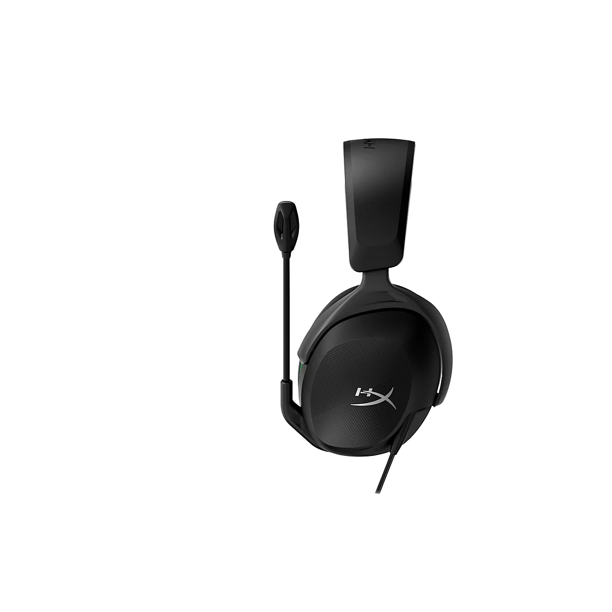 Casque de jeu noir avec microphone sur fond blanc. Le casque est de la marque HyperX.