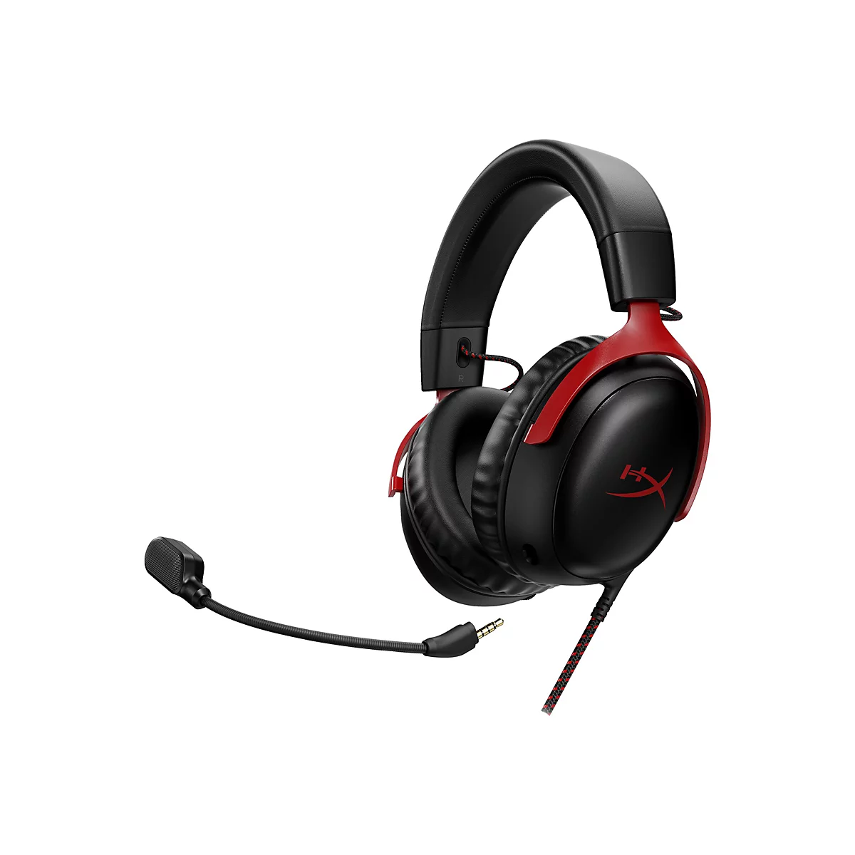 Schwarzes Gaming-Headset mit rotem Akzent und Mikrofon. Kopfhörer-Markenlogo auf der Ohrmuschel.