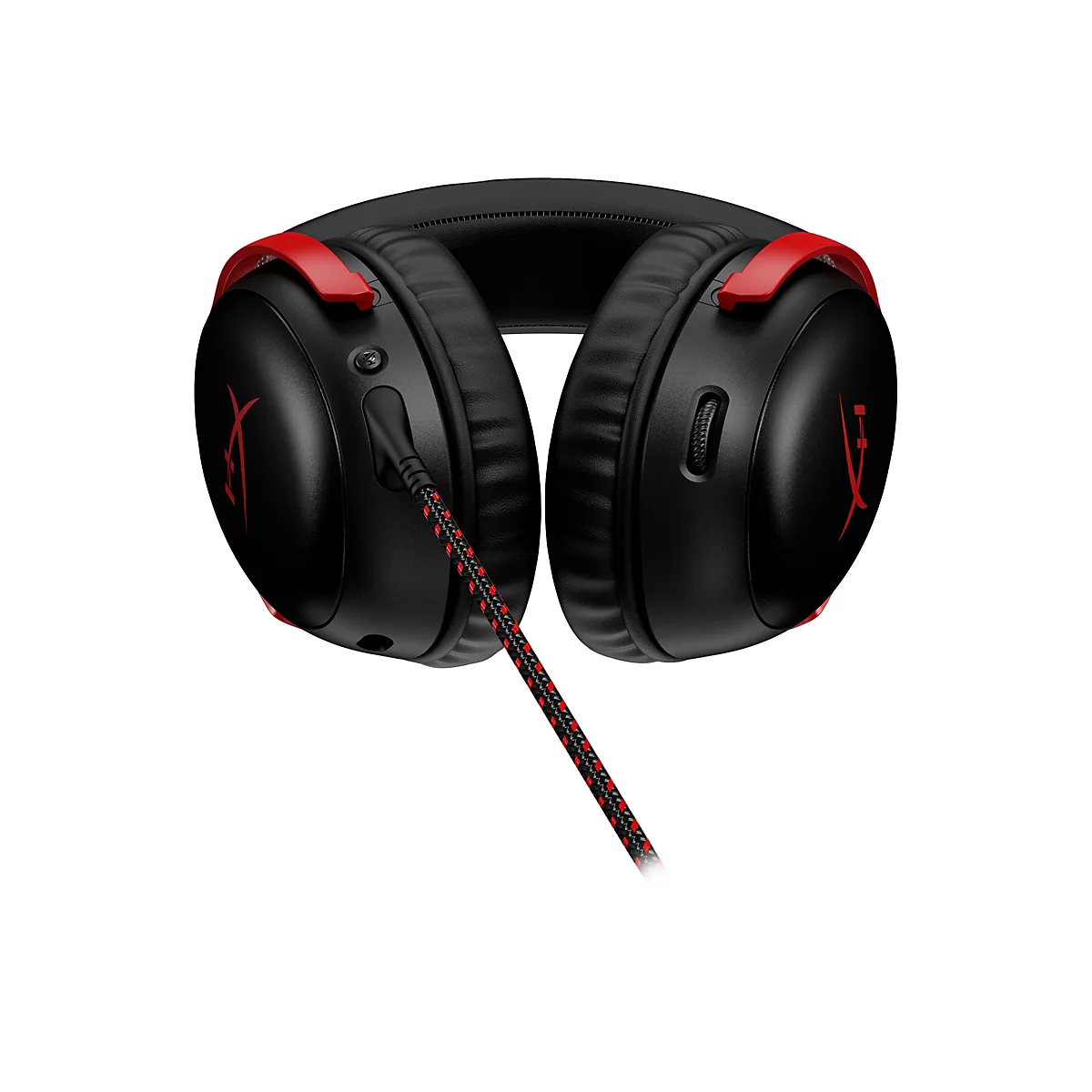 Schwarzes Gaming-Headset mit roten Akzenten und Logo. Geflochtenes Kabel, Ohrmuscheln mit Polsterung. Einstellrad und Mikrofonanschluss.