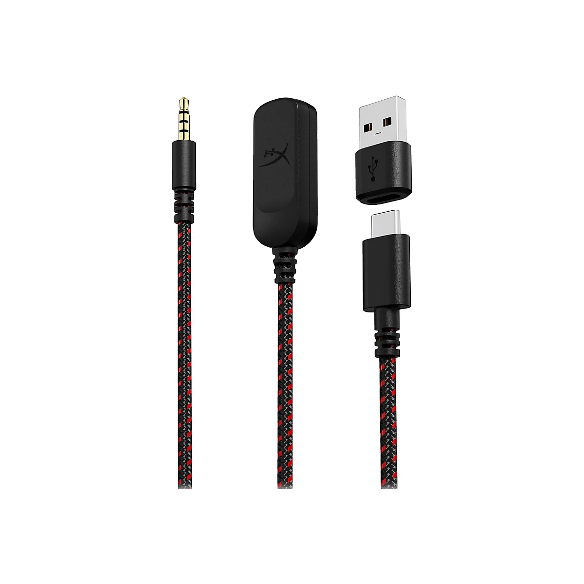 Verschiedene Kabel mit unterschiedlichen Anschlüssen, darunter ein 3,5-mm-Klinkenstecker, ein USB-Anschluss und ein USB-C-Anschluss.