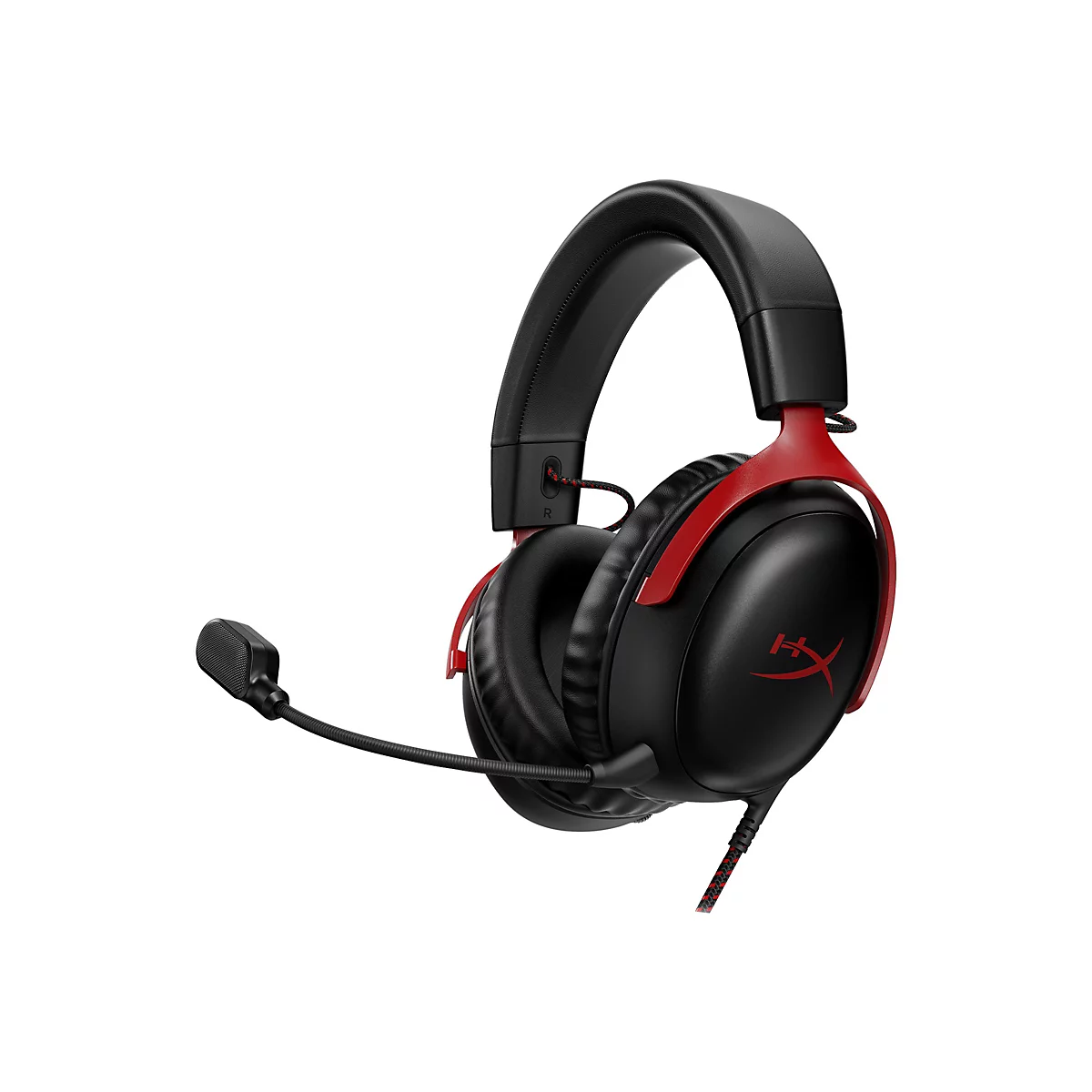 Schwarzes Gaming-Headset mit roter Akzentuierung und Mikrofon auf weißem Hintergrund.