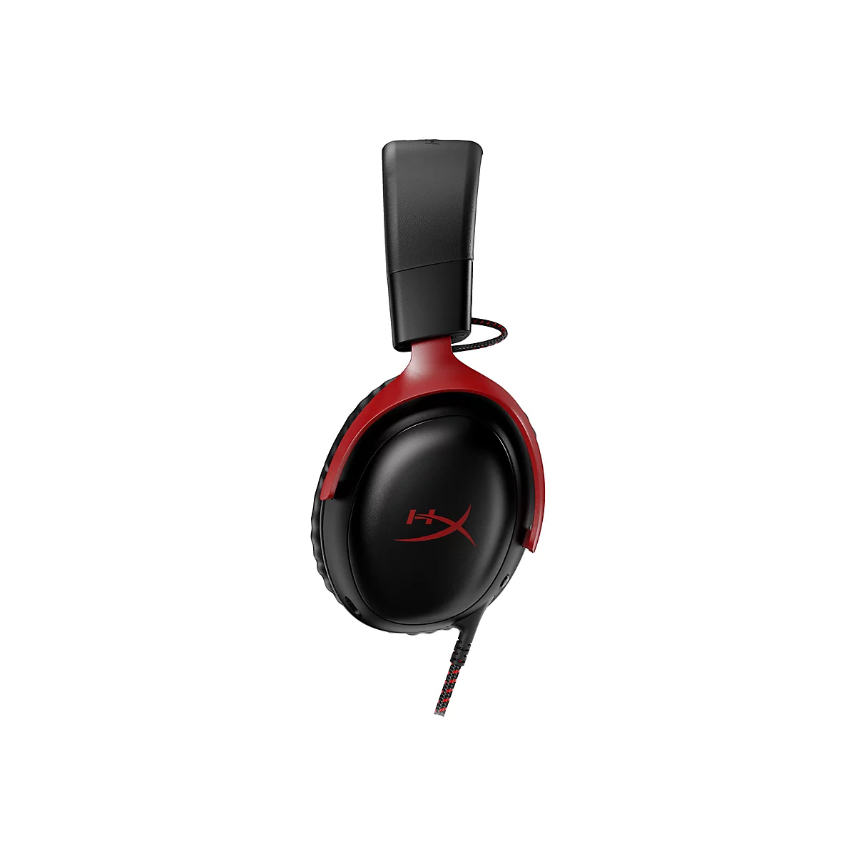 Schwarzes Gaming-Headset mit roten Akzenten, Logo und Kabel.