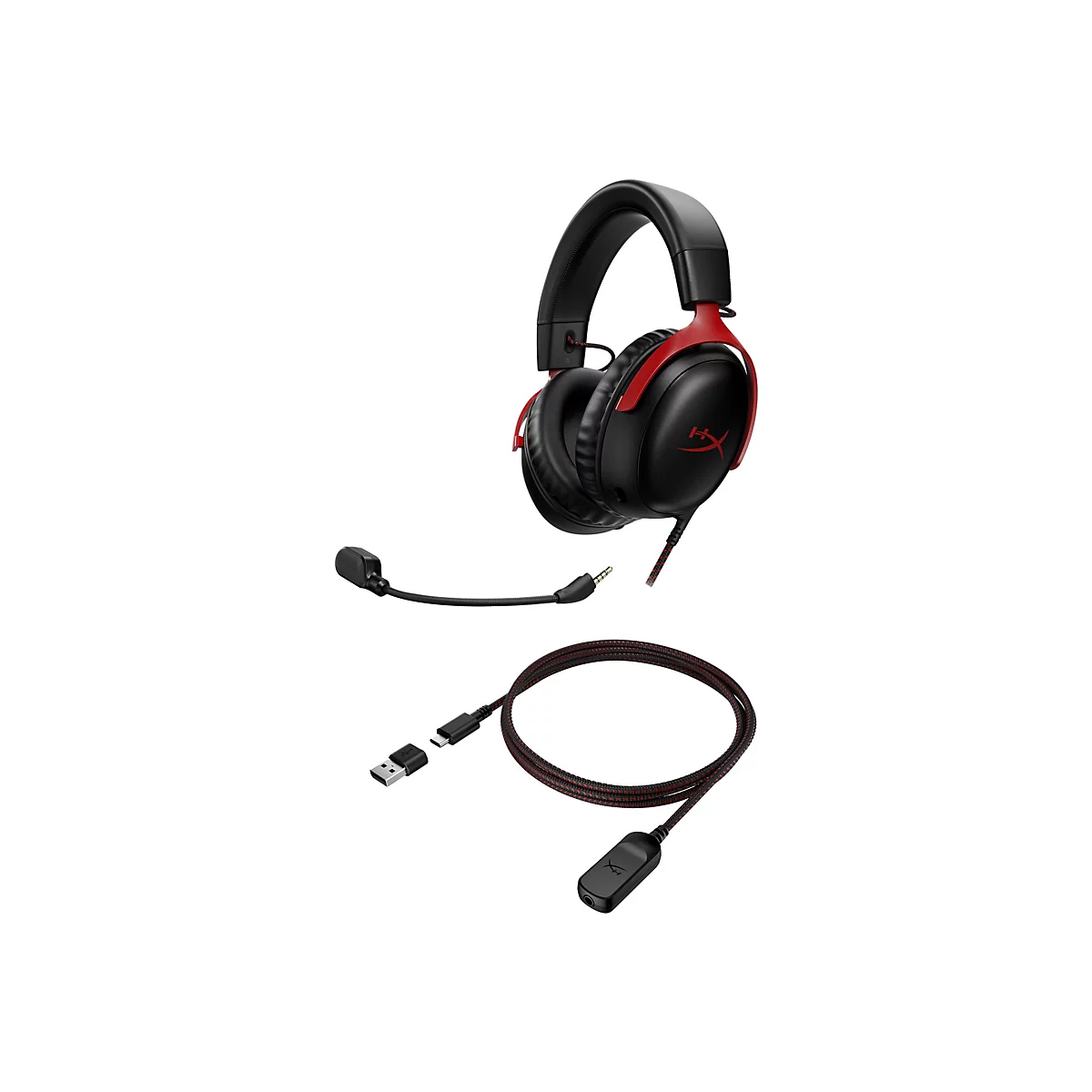 Schwarzes Gaming-Headset mit roten Akzenten und abnehmbarem Mikrofon. Enthalten sind ein USB-Kabel und ein Steuerungsteil.