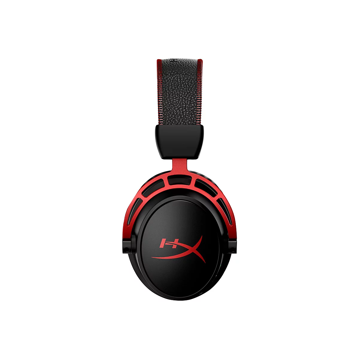 Schwarzer Kopfhörer mit rotem Akzent, HyperX Logo. Aufhängung mit roter Naht.