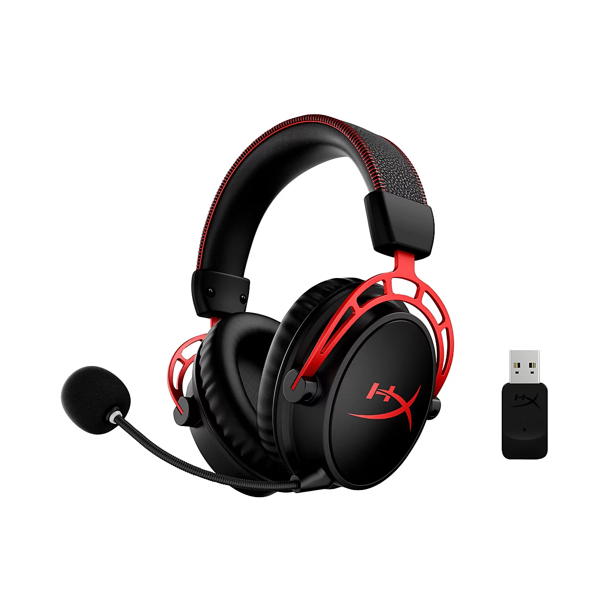 Schwarzes Headset mit roter Umrandung und Mikrofon, daneben ein USB-Dongle.
