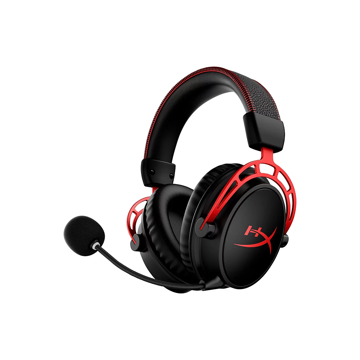 Schwarzes Headset mit roter Umrandung und Logo. Ein Mikrofon ist befestigt.