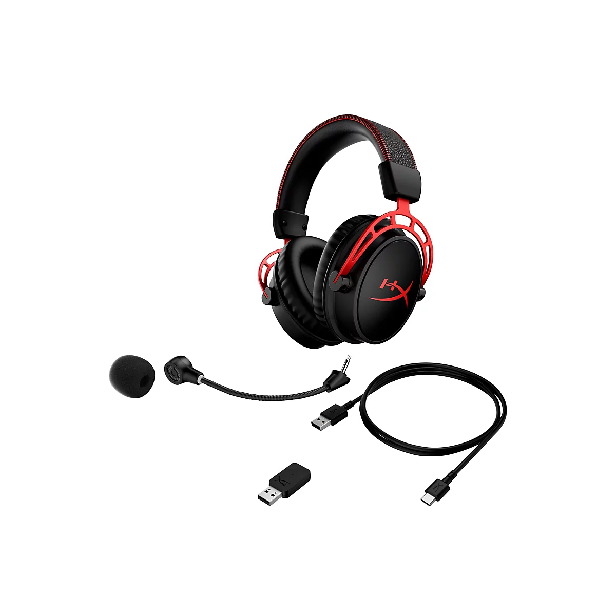 Schwarzes Gaming-Headset mit roten Akzenten und Zubehör auf weißem Hintergrund. Headset, Mikrofon, USB-Kabel, Adapter.