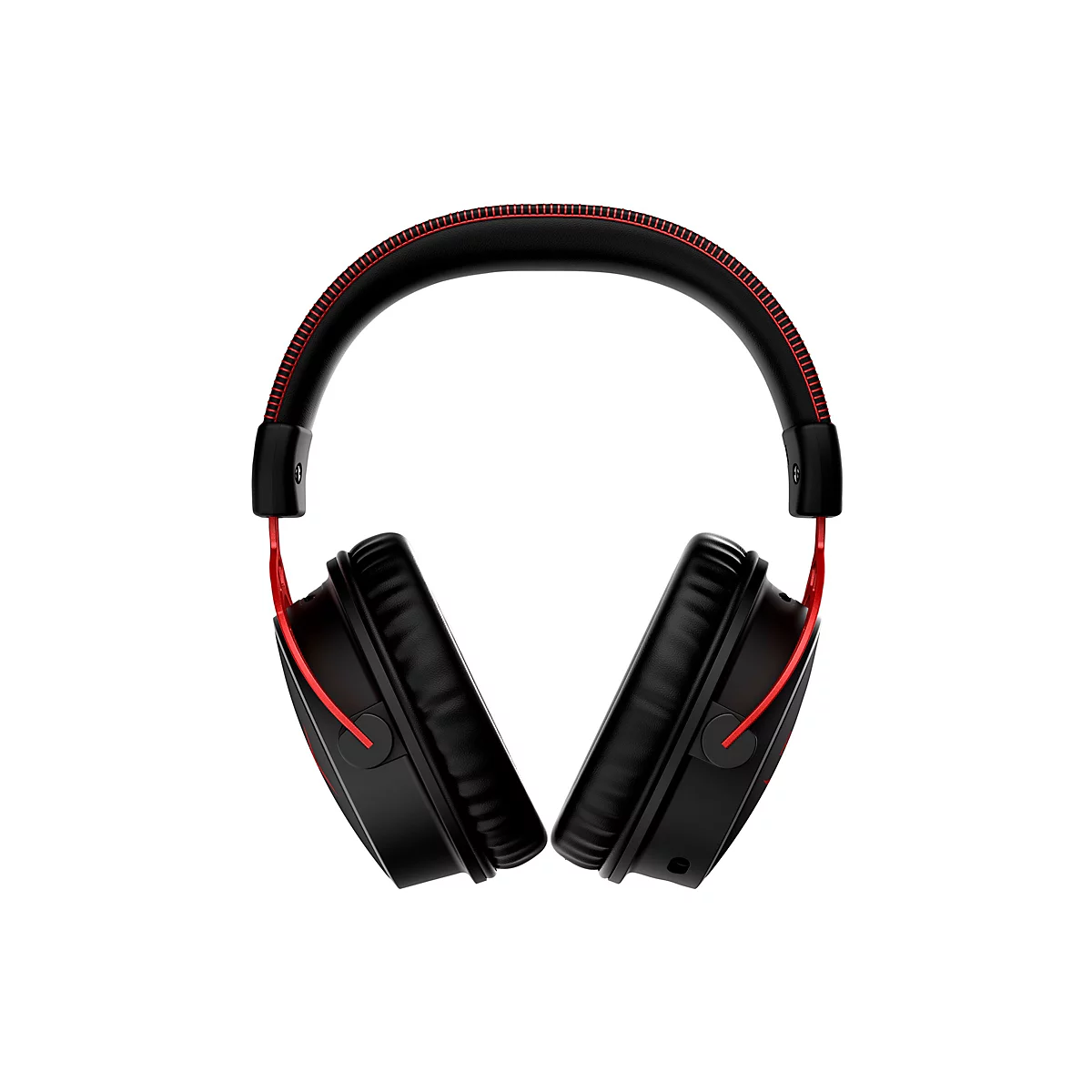 Schwarze Over-Ear-Kopfhörer mit roten Akzenten. Die Ohrmuscheln sind gepolstert und das Kopfband mit rotem Faden abgenäht.