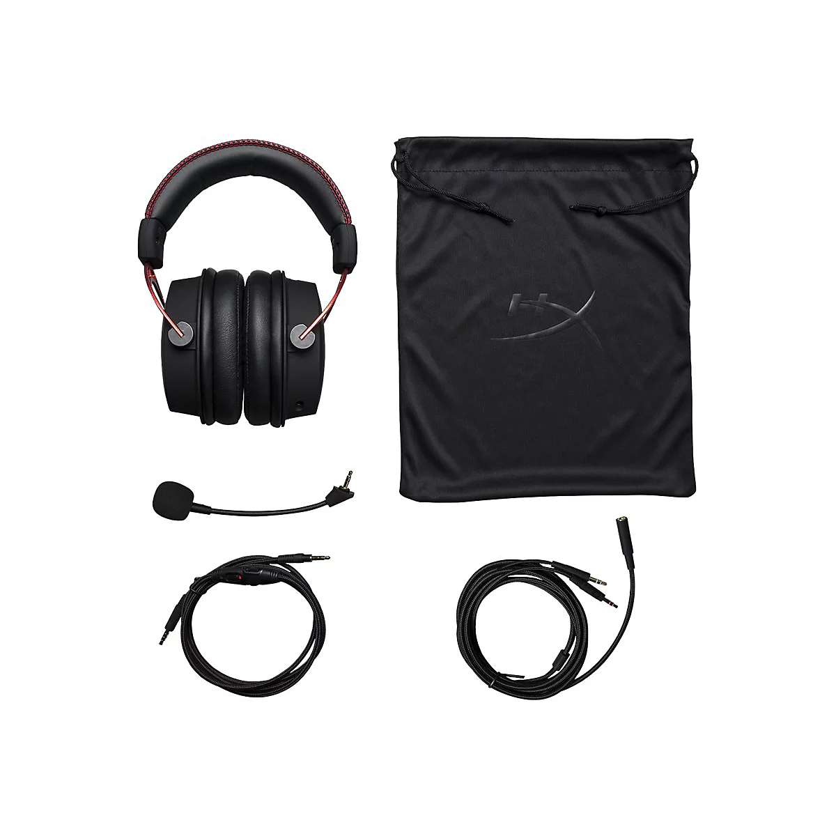 Schwarzes Gaming-Headset mit ZubehÃ¶r, darunter Mikrofon, Kabel und schwarzer Beutel.