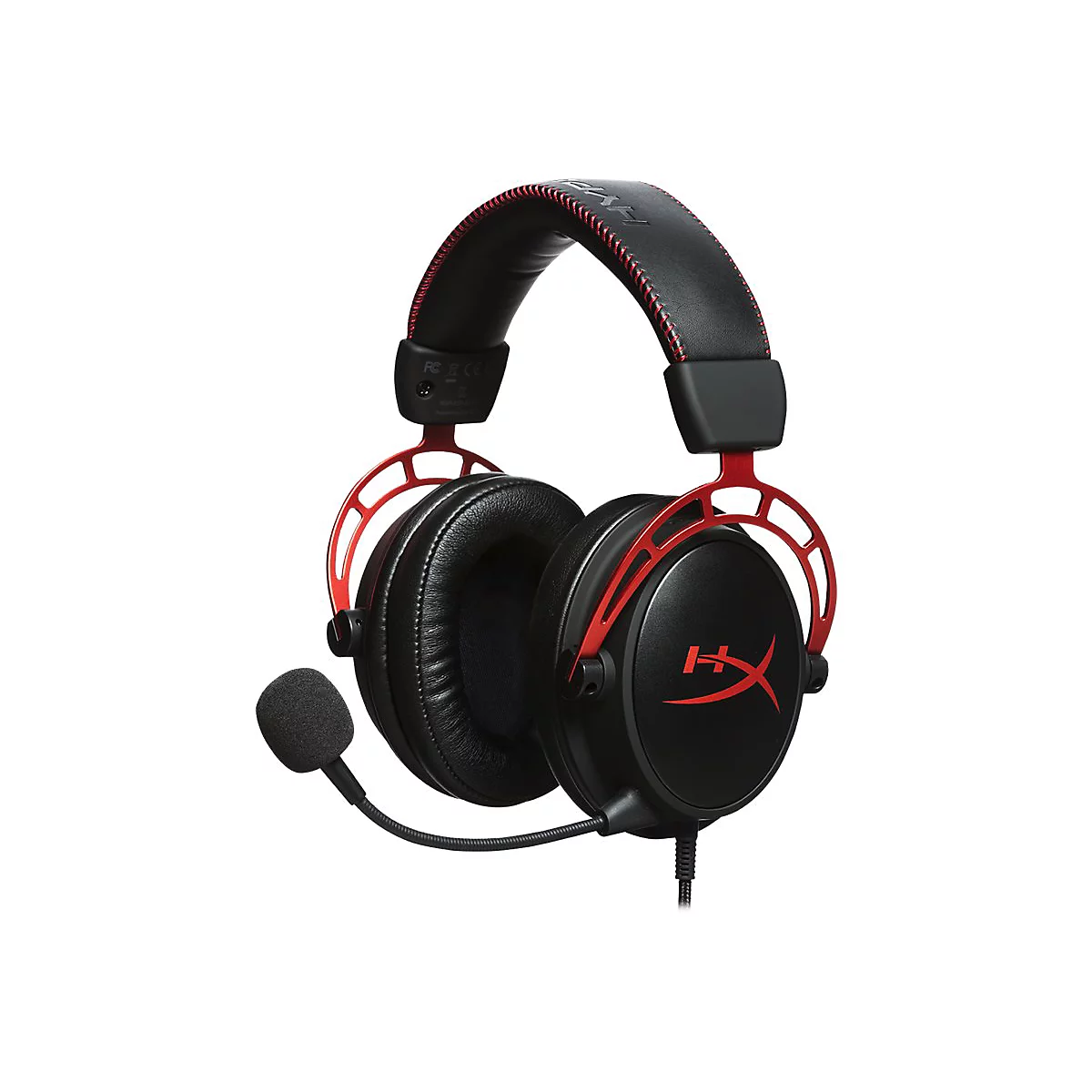 Schwarzes Gaming-Headset mit roten Details und Mikrofon. Auf den Ohrmuscheln das Logo.