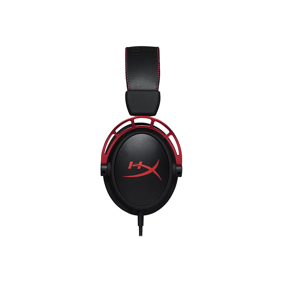 Schwarzes Headset mit roten Akzenten, HyperX Logo und Kabel.