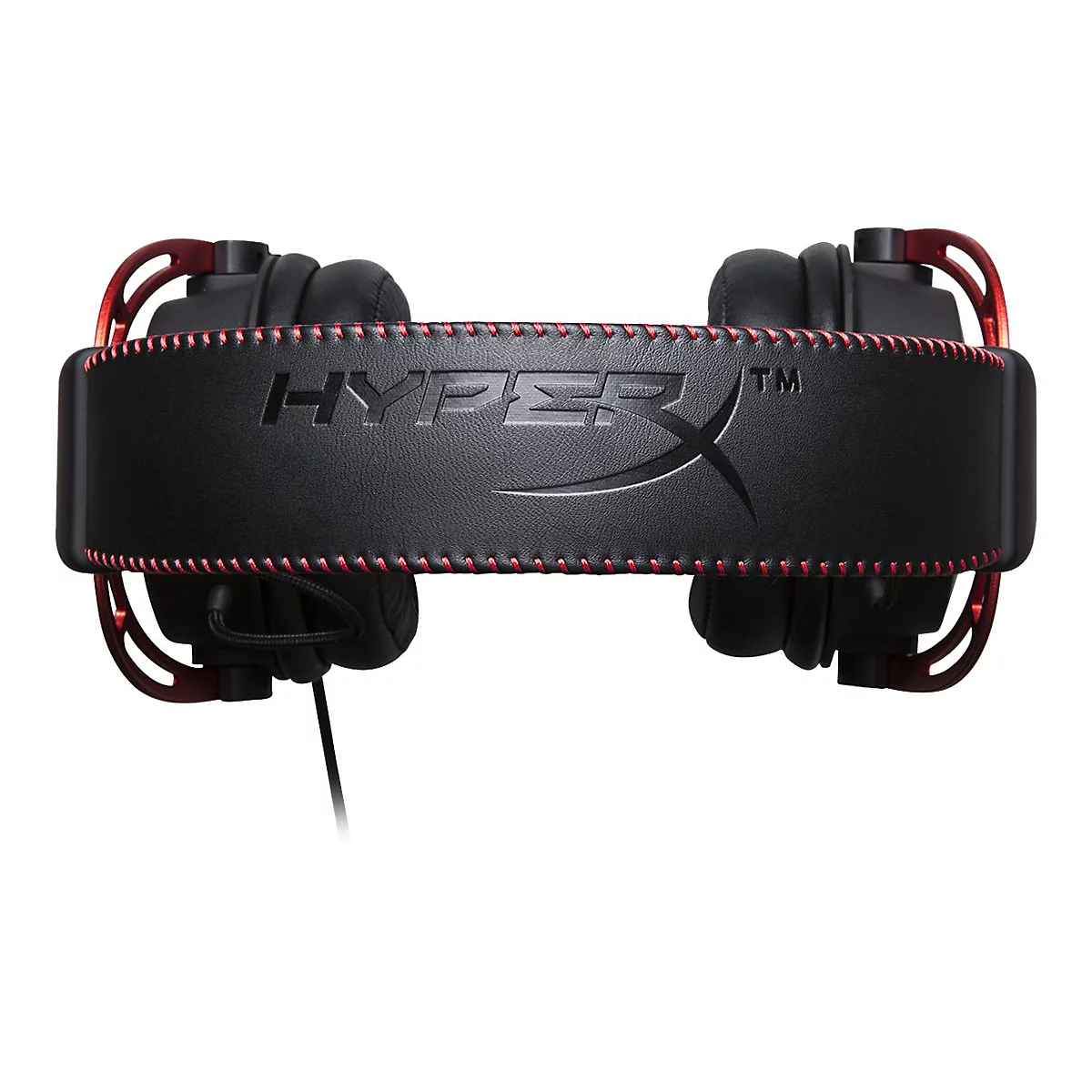 Schwarzes Gaming-Headset mit roter Naht und HyperX-Logo, Kabel sichtbar.
