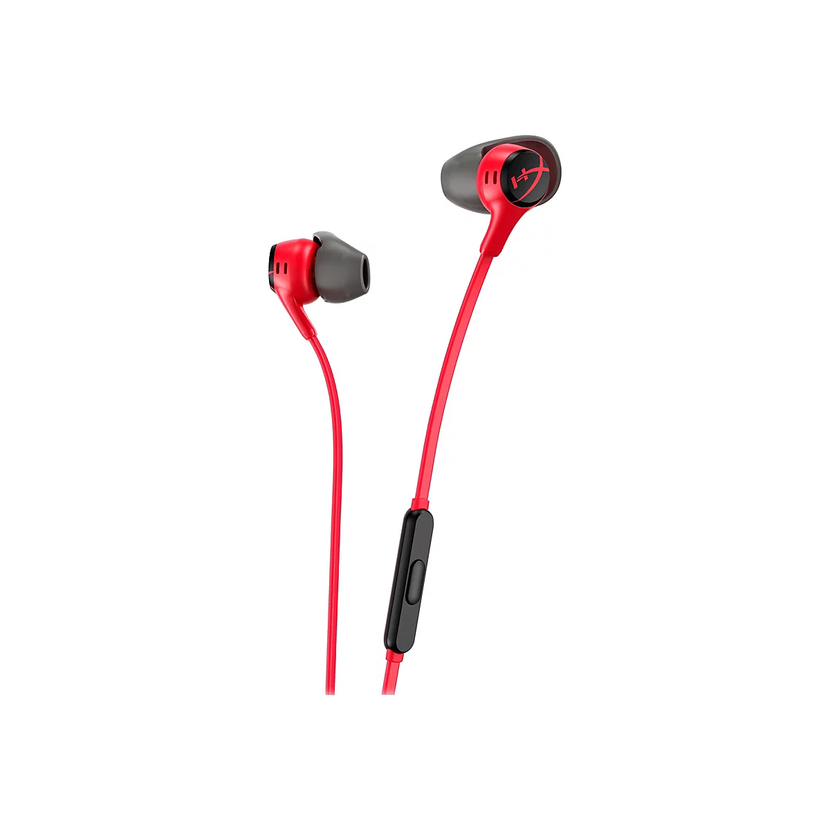 Rote In-Ear-Kopfhörer auf weißem Hintergrund. Auf den Ohreinsätzen ist ein rotes Logo zu sehen.