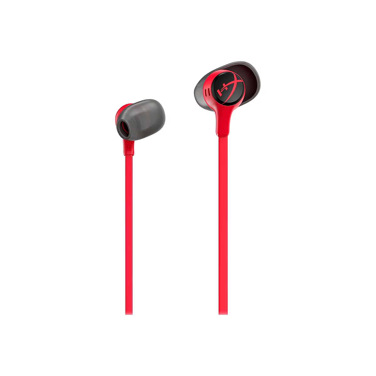 Zwei rote In-Ear-Kopfhörer vor weißem Hintergrund. Auf einem ist das HyperX-Logo sichtbar.
