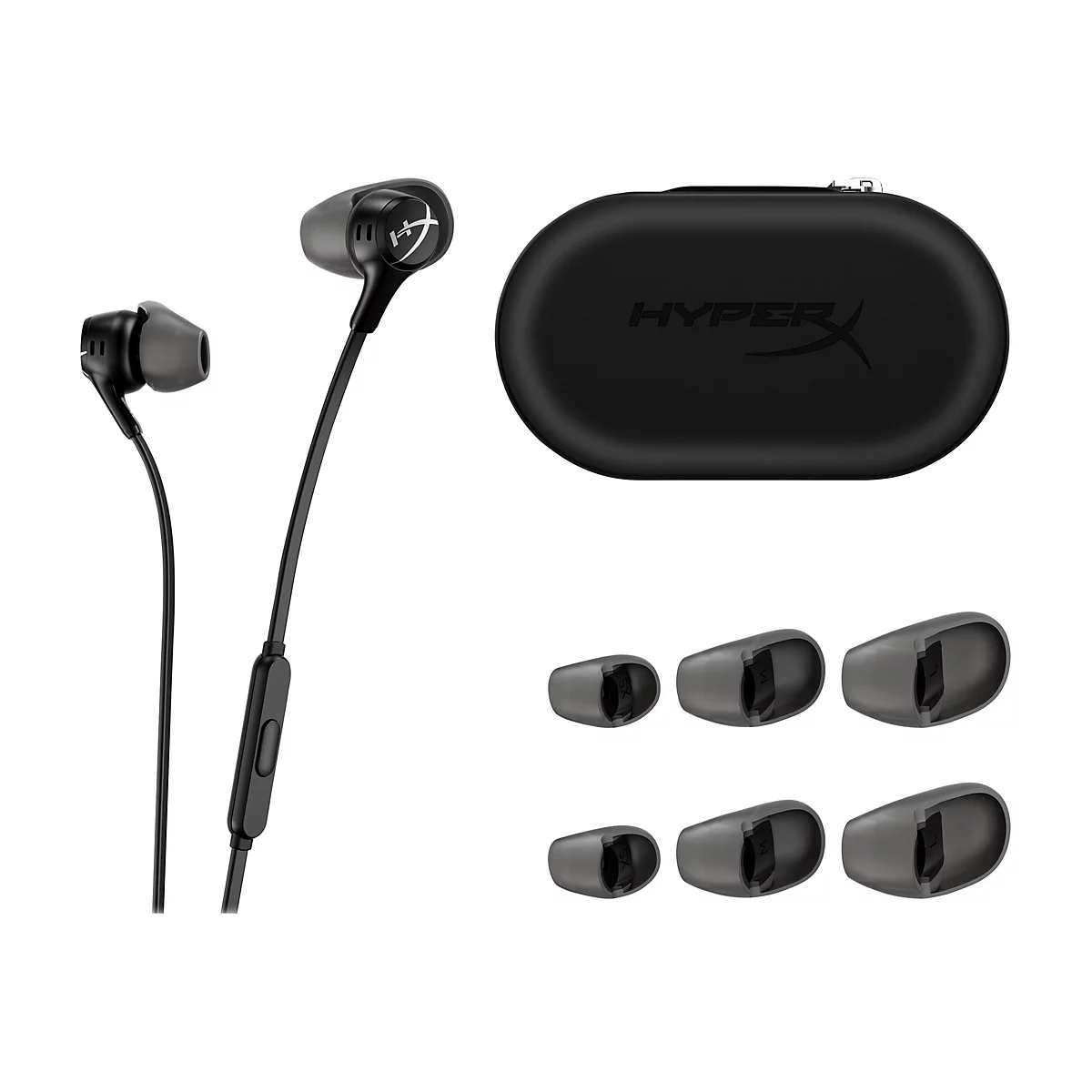 Schwarze In-Ear-Kopfhörer und Ladecase auf weißem Hintergrund. Zusätzliche Ohrstöpsel in verschiedenen Größen.