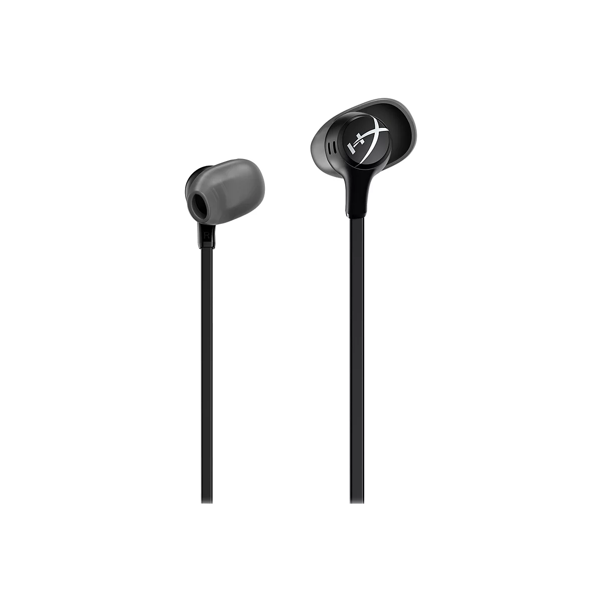 Zwei schwarze In-Ear-Kopfhörer mit grauen Ohrstöpseln, Kabeln und weißem HyperX-Logo auf weißem Hintergrund.