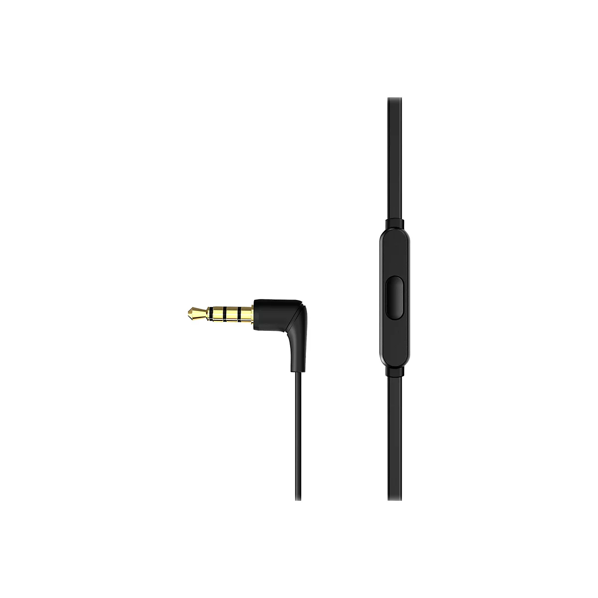 Schwarzes Kopfhörerkabel mit goldfarbenem 3,5-mm-Klinkenstecker und integrierter Fernbedienung.