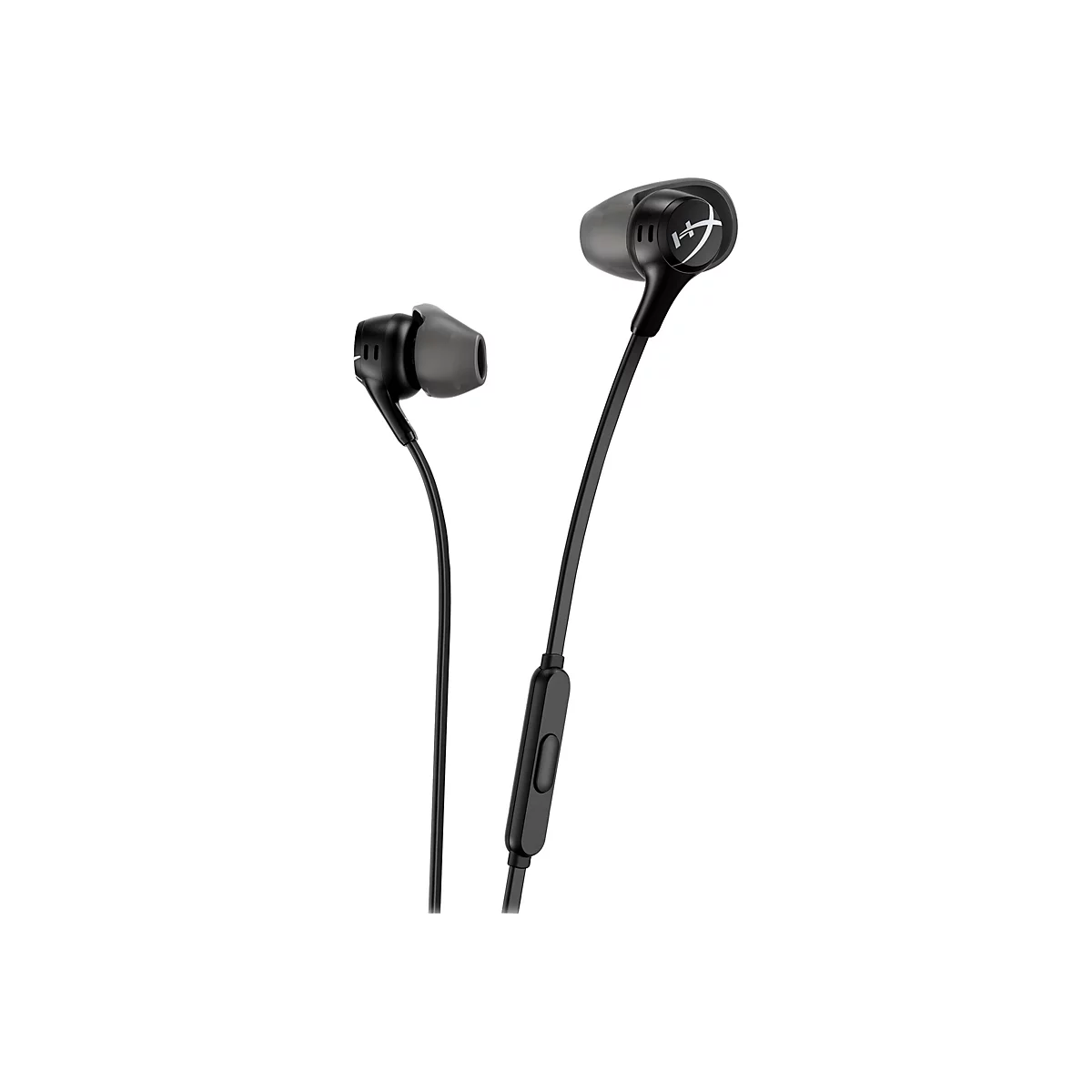 Schwarze In-Ear-Kopfhörer mit HyperX-Logo und Kabel. Graue Ohrstöpsel, weißer Hintergrund.