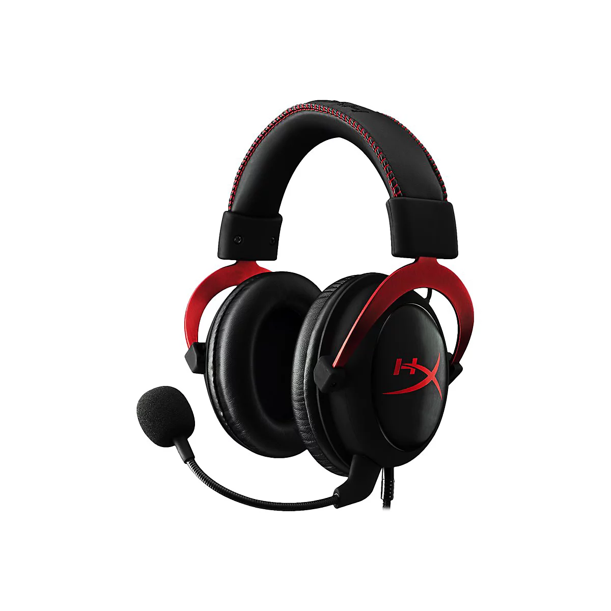 Schwarzes Gaming-Headset mit roten Akzenten und Mikrofon, vor weiÃŸem Hintergrund.