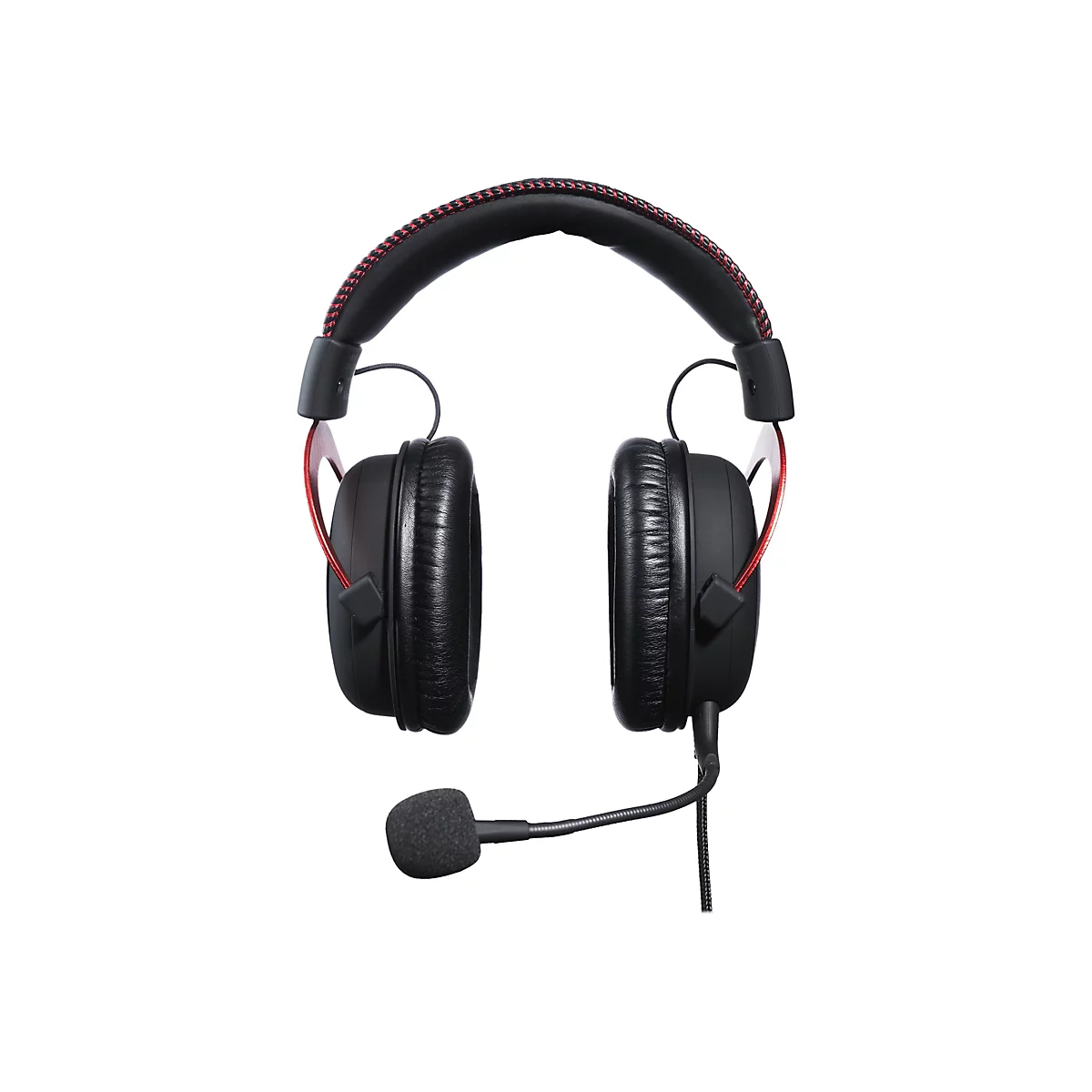 Schwarzes Gaming-Headset mit rotem Detail und Mikrofon vor weiÃŸem Hintergrund. Der KopfbÃ¼gel ist gepolstert.