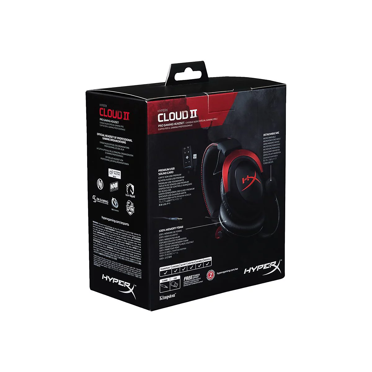 Dunkelgraue Verpackung mit roter Schrift und KopfhÃ¶rer-Abbildung. Aufdruck: Cloud II, Pro Gaming Headset.