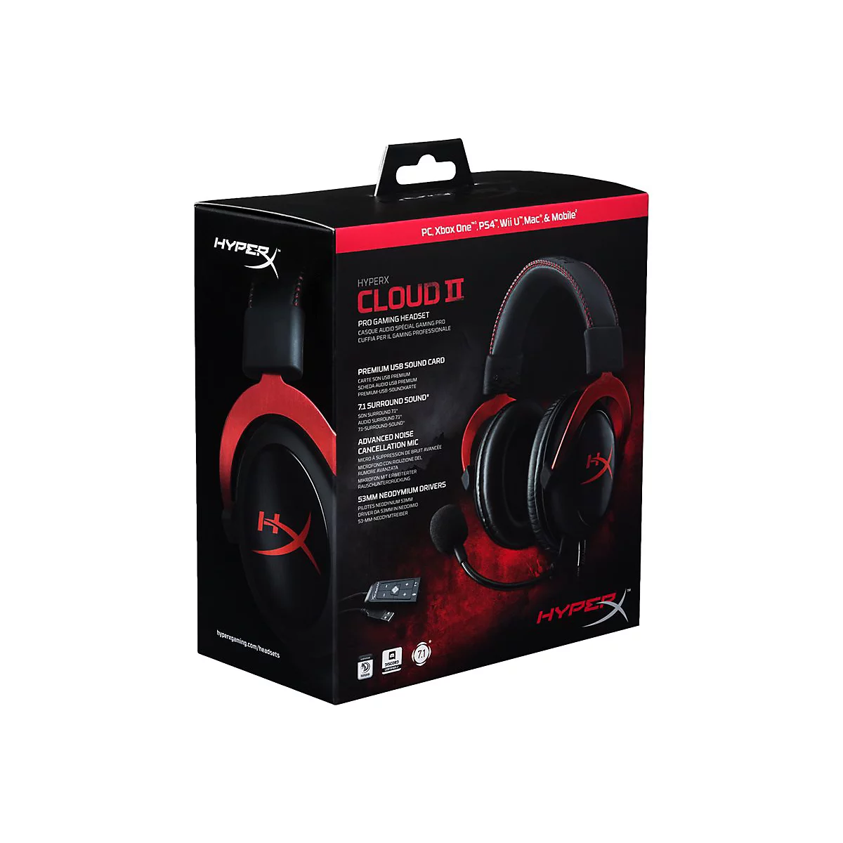 Schwarzer und roter HyperX Cloud II Gaming-KopfhÃ¶rer auf einer schwarzen Verpackung.