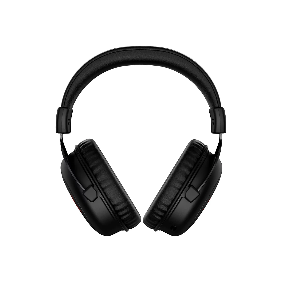 Casque noir, vue de face. Oreillettes rondes, bandeau rembourré, support métallique.