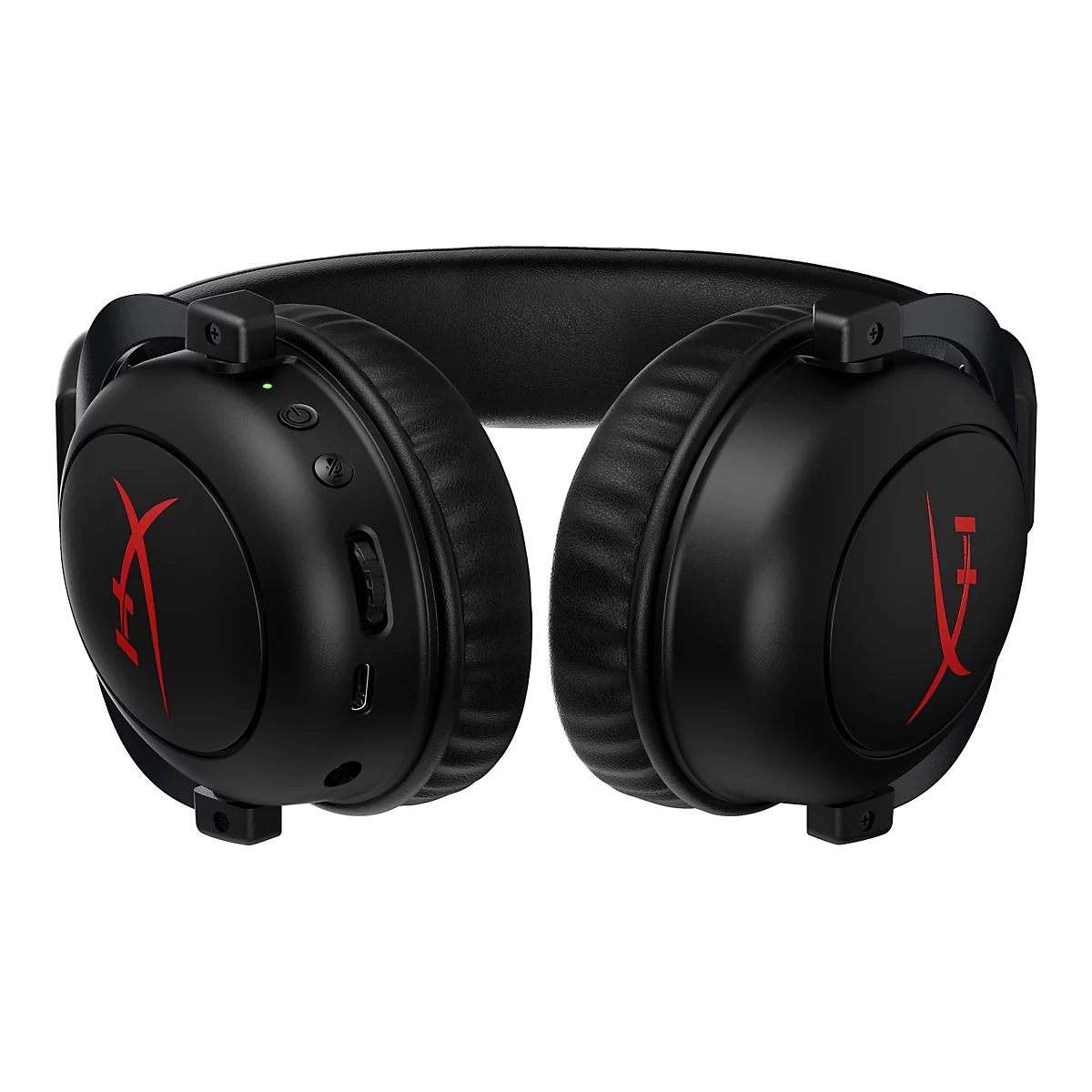 Schwarzer Over-Ear-Kopfhörer. Rotes Logo auf den Ohrmuscheln. Bedienelemente an der Seite.