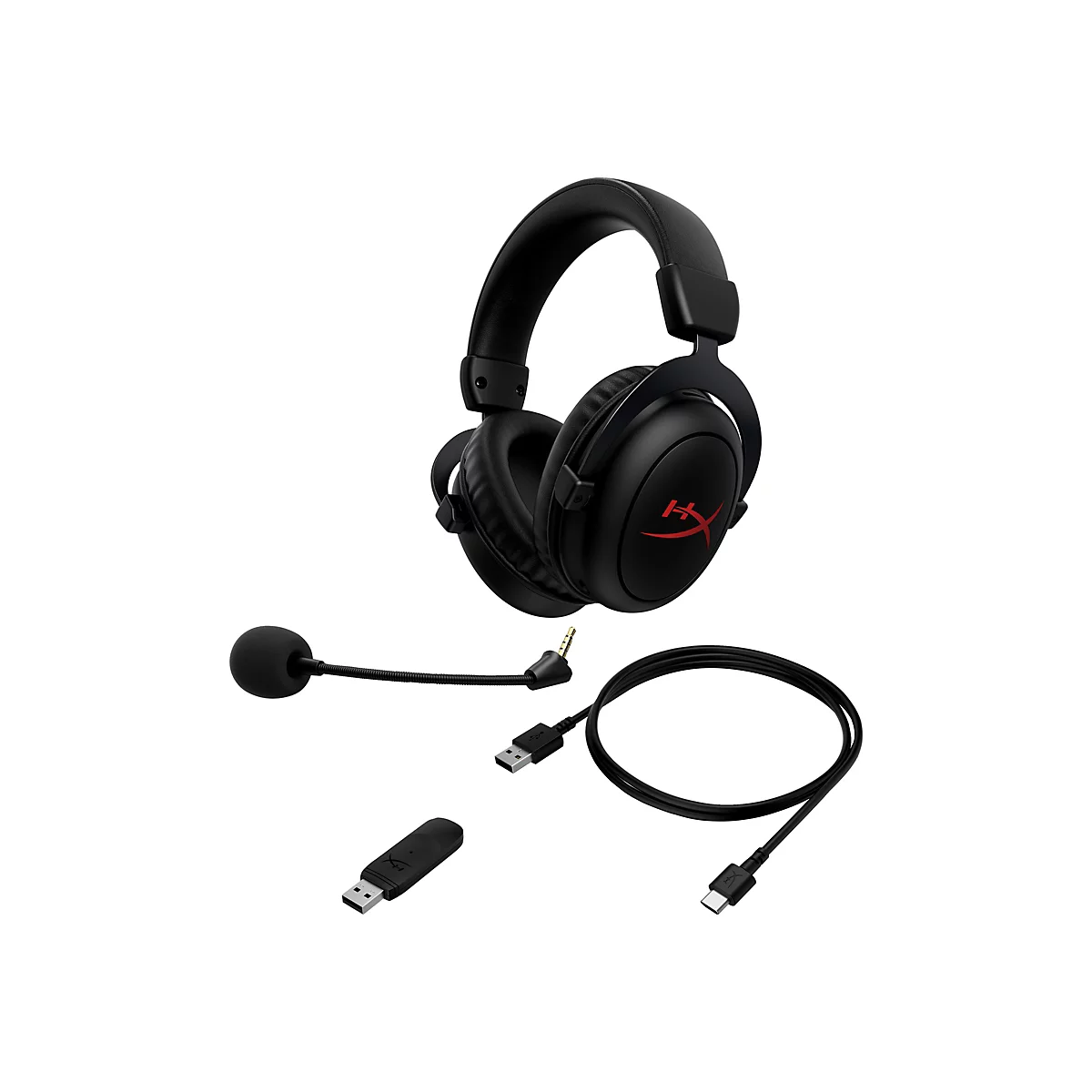 Schwarzes Gaming-Headset mit Mikrofon, Kabel und USB-Adapter auf weißem Hintergrund. Kopfhörer mit rotem Logo.