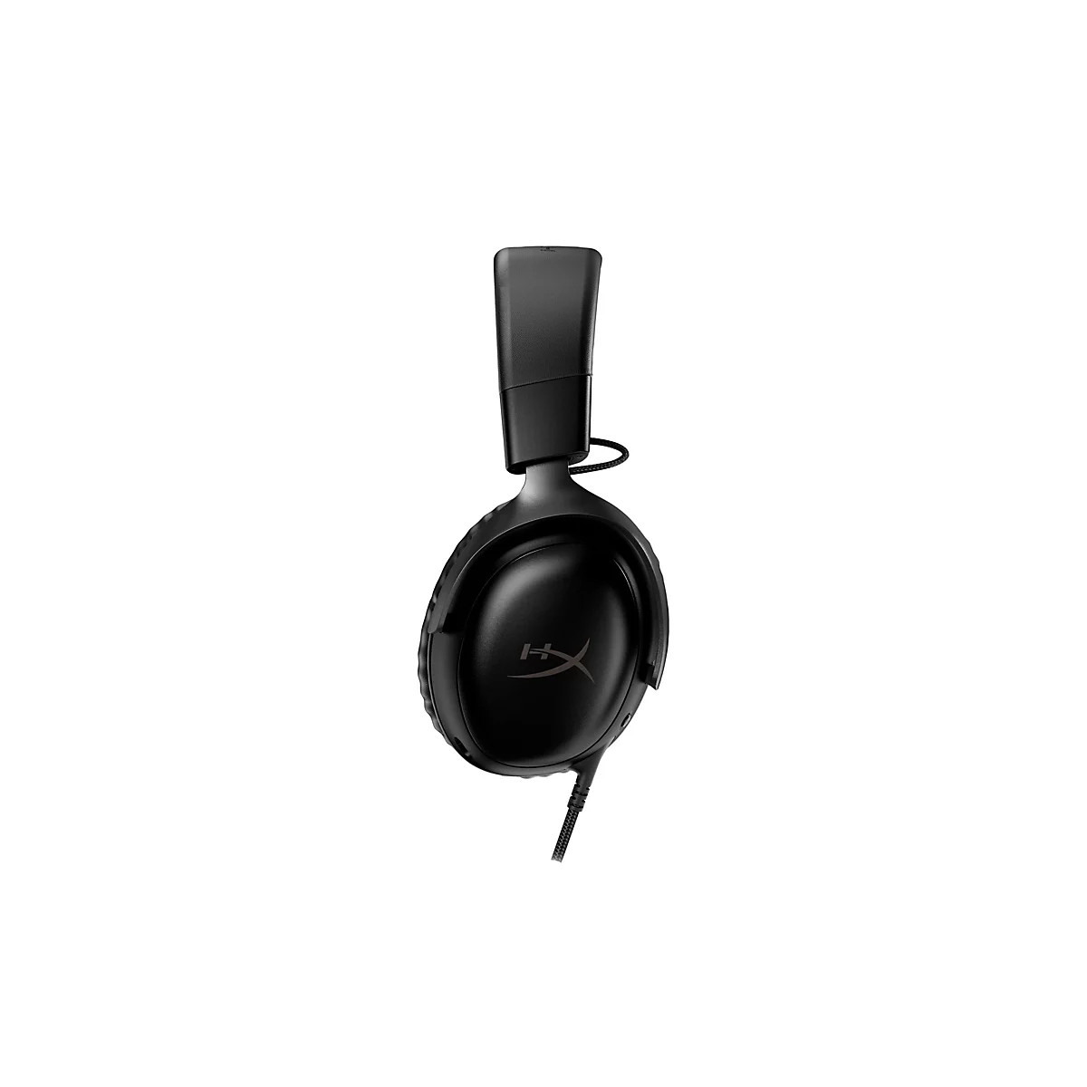 Casque de jeu noir sur fond blanc, avec logo HyperX.