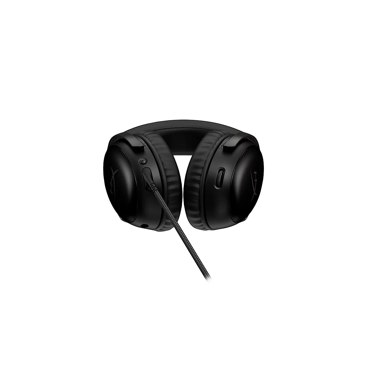 Casque noir avec câble sur fond blanc. Le casque a un logo HyperX.