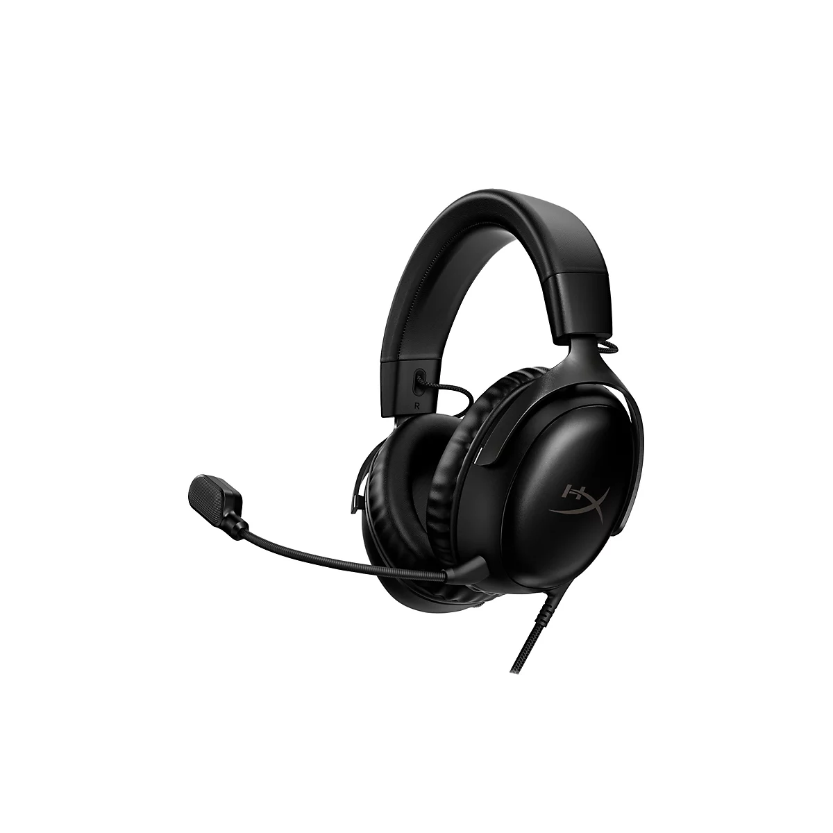 Casque noir avec microphone sur fond blanc.