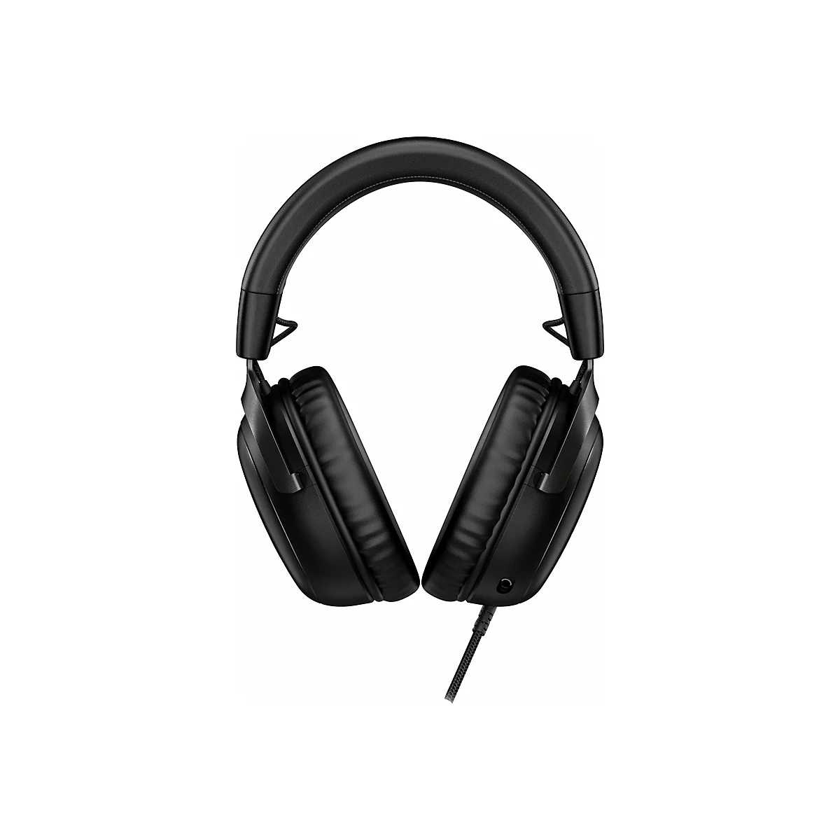 Casque noir sur fond blanc. Les oreillettes, l'arceau et le câble sont visibles.