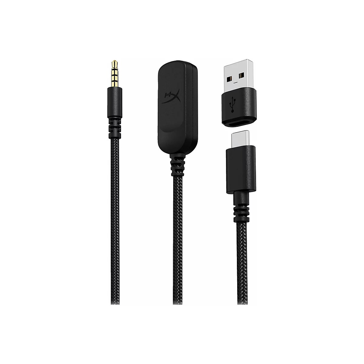 Schwarze Kabel: Klinkenstecker, SteuergerÃ¤t mit Logo, USB-Adapter und USB-C-Stecker.