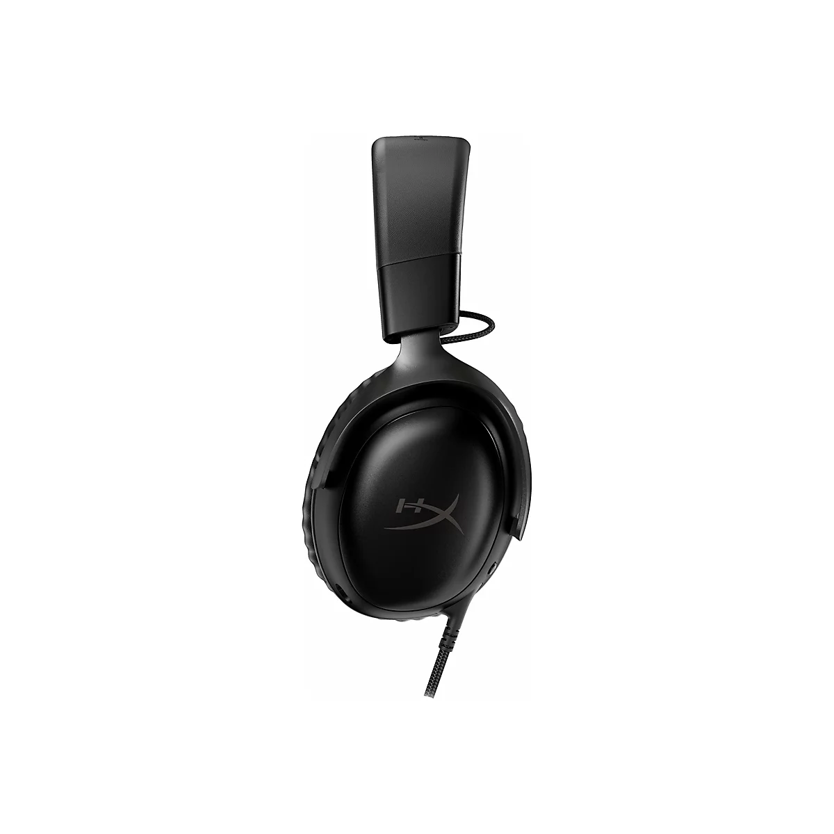 Schwarzes Gaming-Headset, Logo HyperX, Kabelanschluss.
