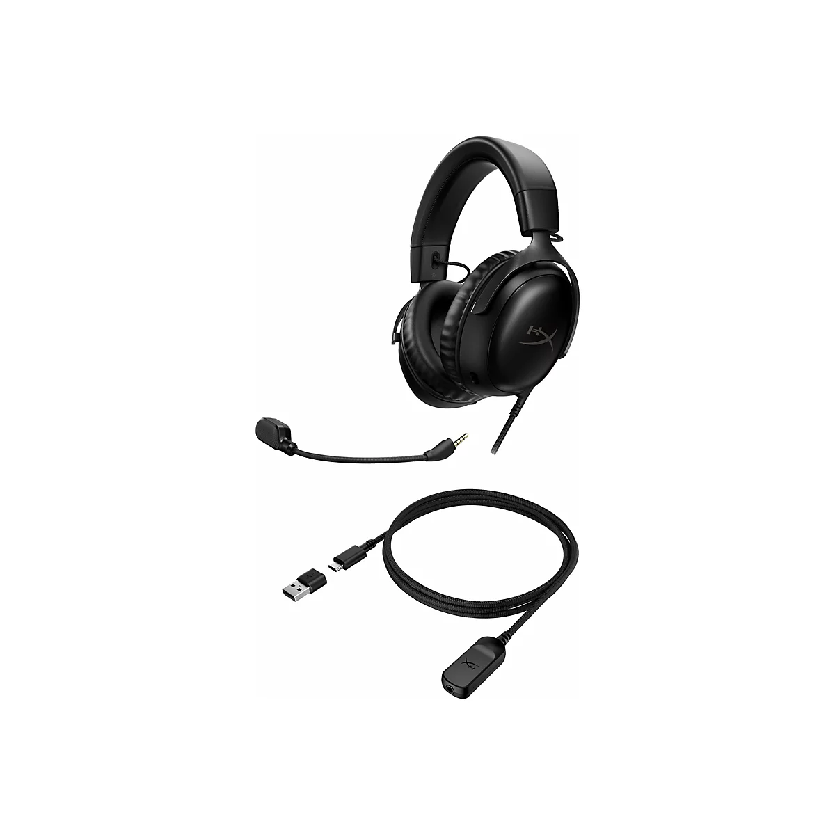 Schwarzes Gaming-Headset mit Mikrofon und USB-Kabel vor weiÃŸem Hintergrund.