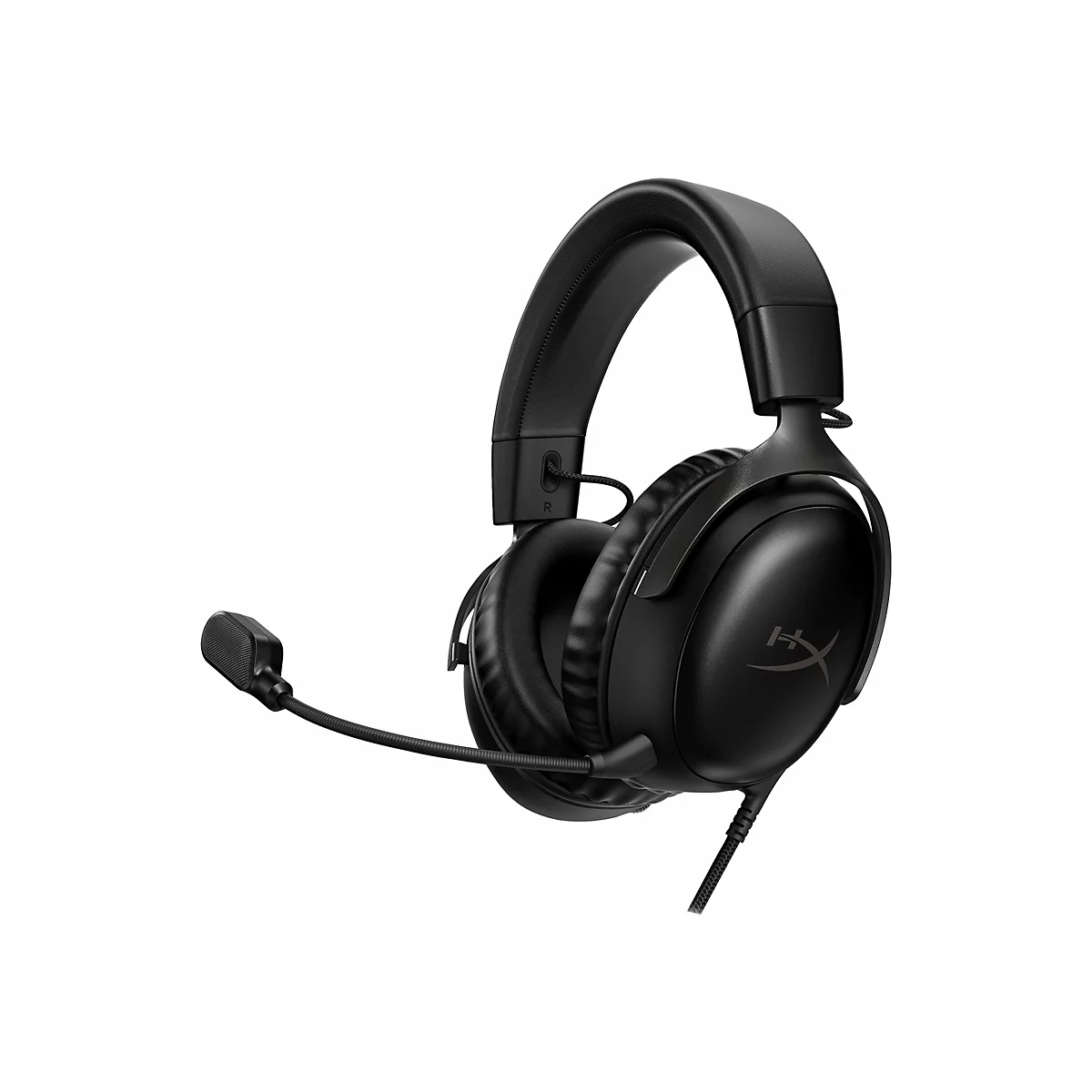 Schwarzes Gaming-Headset mit Mikrofon, das leicht nach links geneigt ist, auf weiÃŸem Hintergrund.