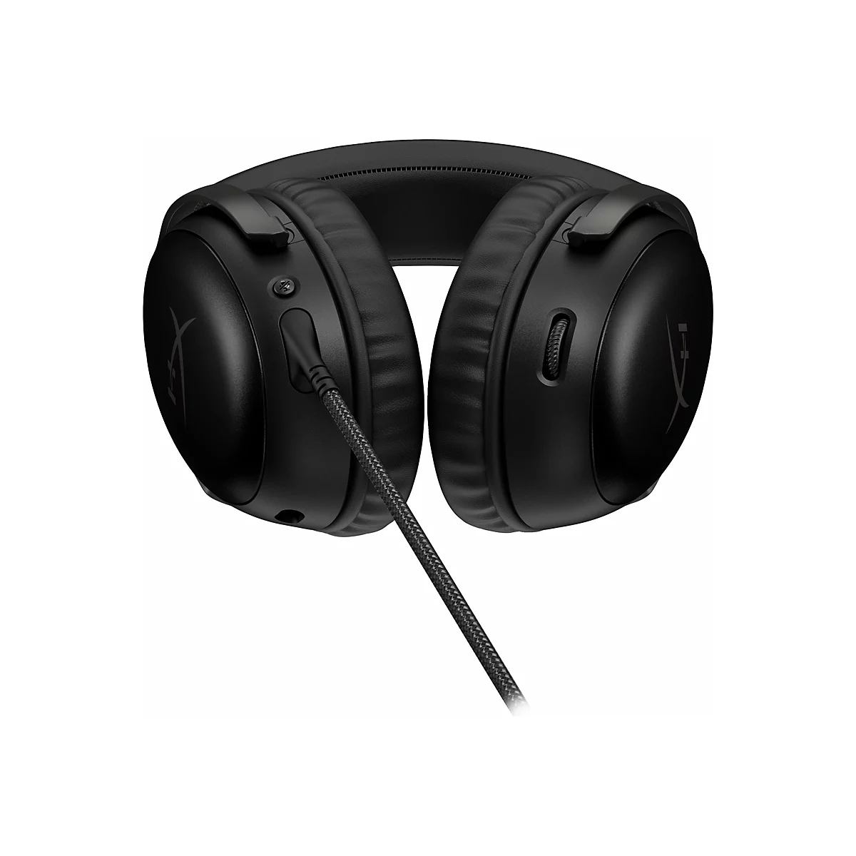 Schwarzes Gaming-Headset mit Stoffkabel, auf weiÃŸem Hintergrund. Links das HyperX Logo.