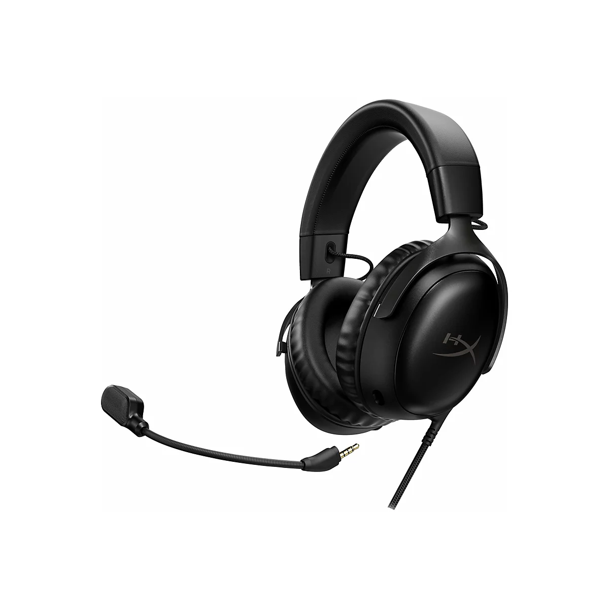 Schwarzes Headset mit Mikrofon. Der BÃ¼gel und die Ohrmuscheln sind gepolstert, der Arm des Mikrofons ist biegsam.