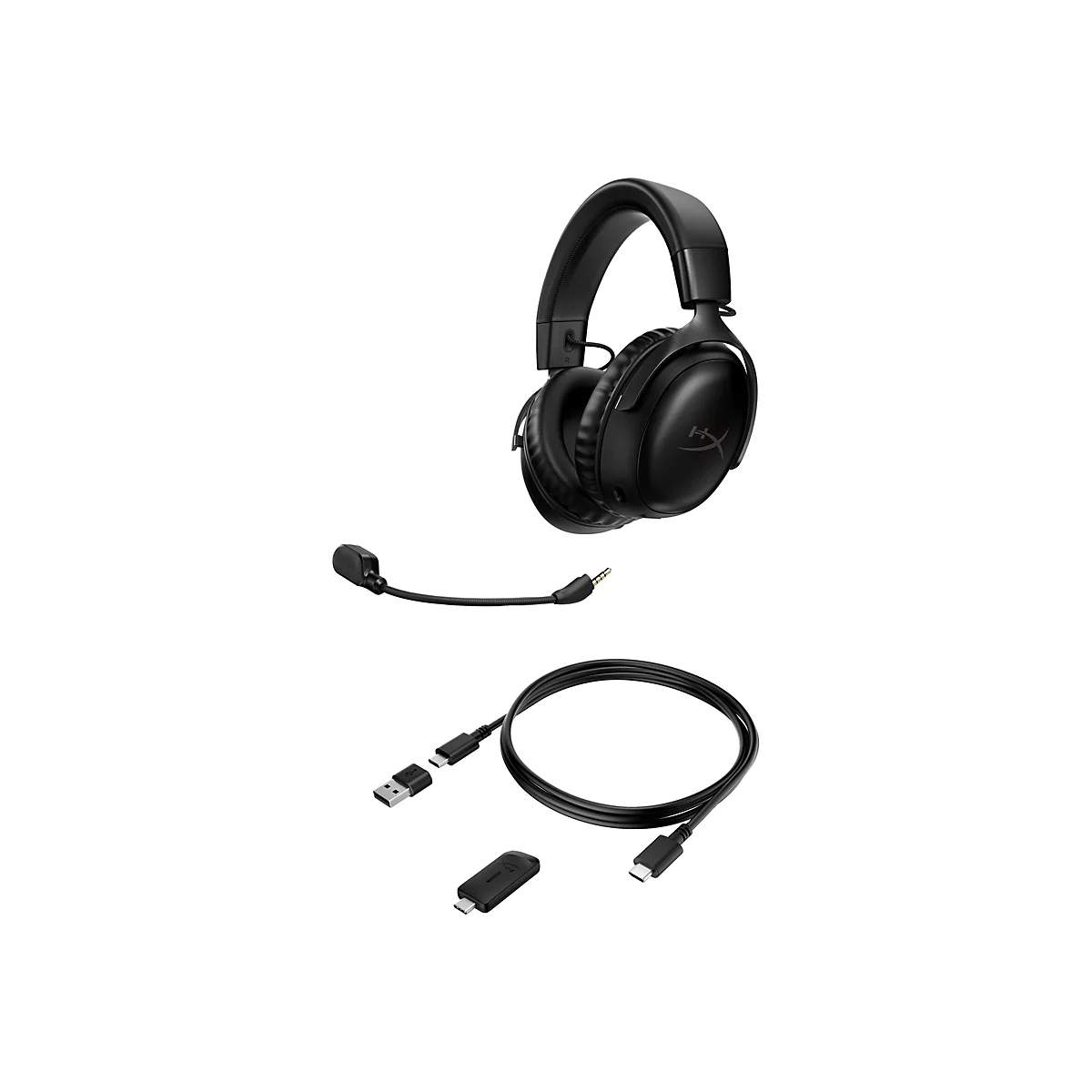 Schwarzes Gaming-Headset mit abnehmbaren Mikrofon, USB-Kabel, Adapter, auf weißem Hintergrund.