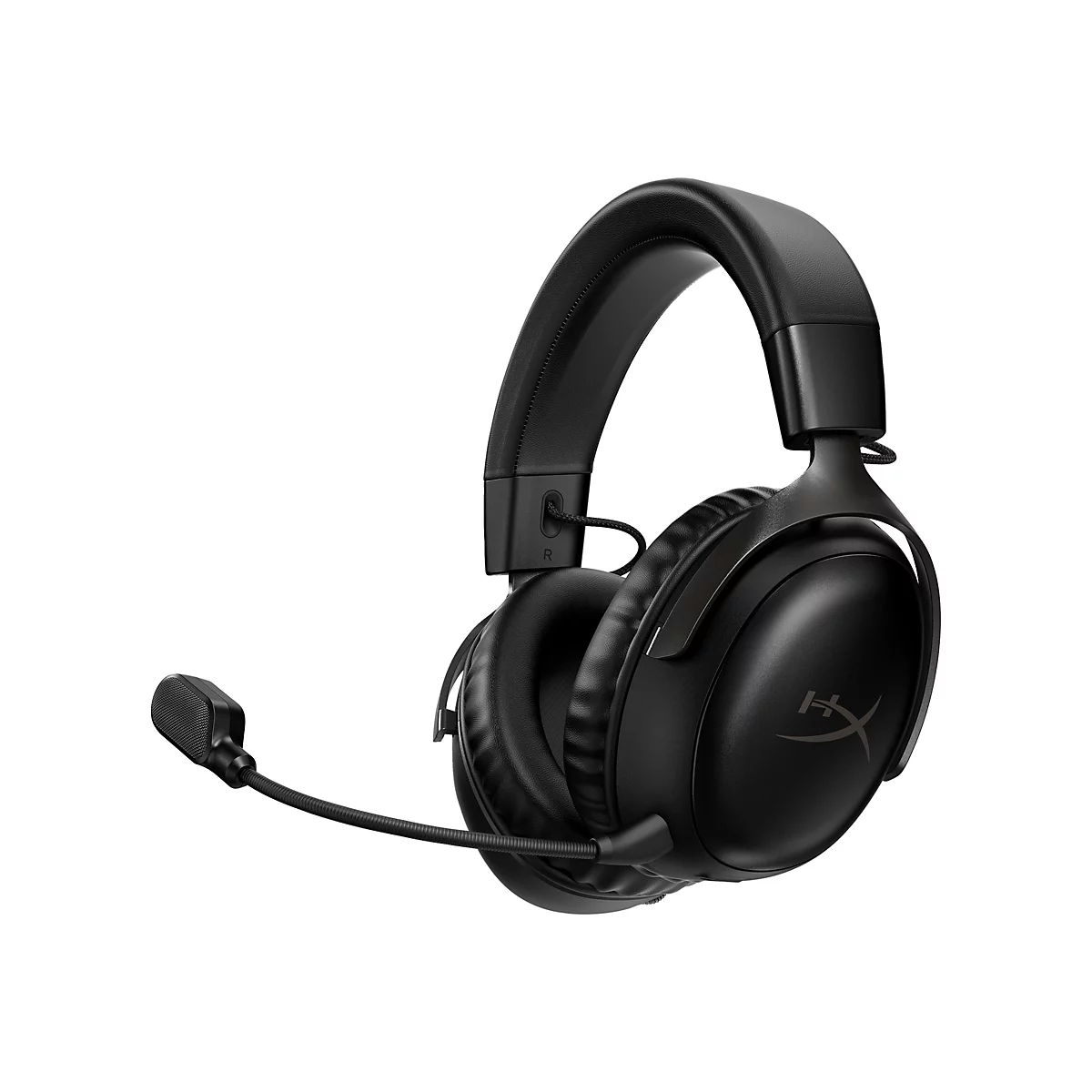 Schwarzes Gaming-Headset mit Mikrofon auf weißem Hintergrund. Das Headset hat gepolsterte Ohrmuscheln und einen verstellbaren Kopfbügel.