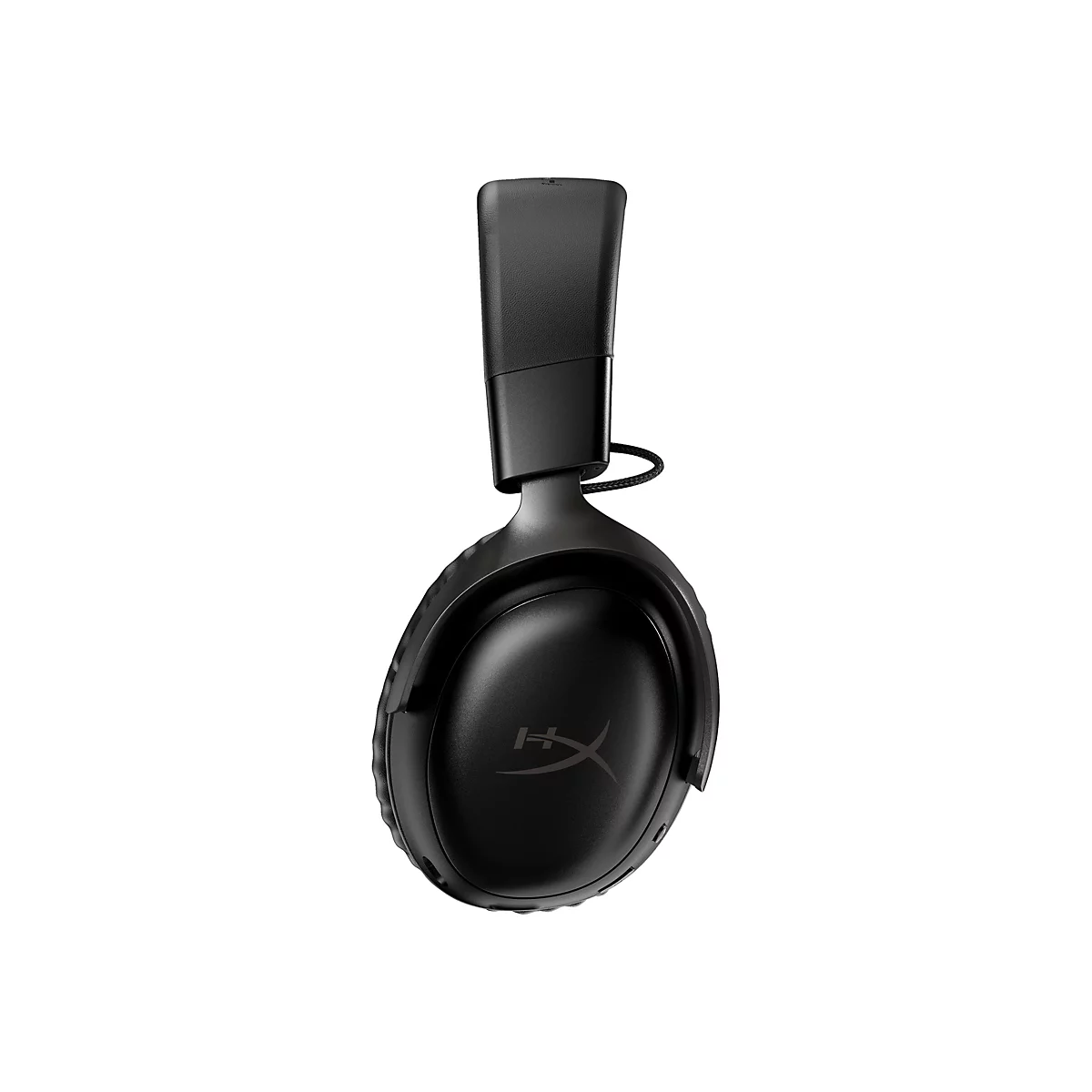 Schwarzer Kopfhörer mit HyperX-Logo. Kabel hängt von der Ohrmuschel zum Kopfbügel.